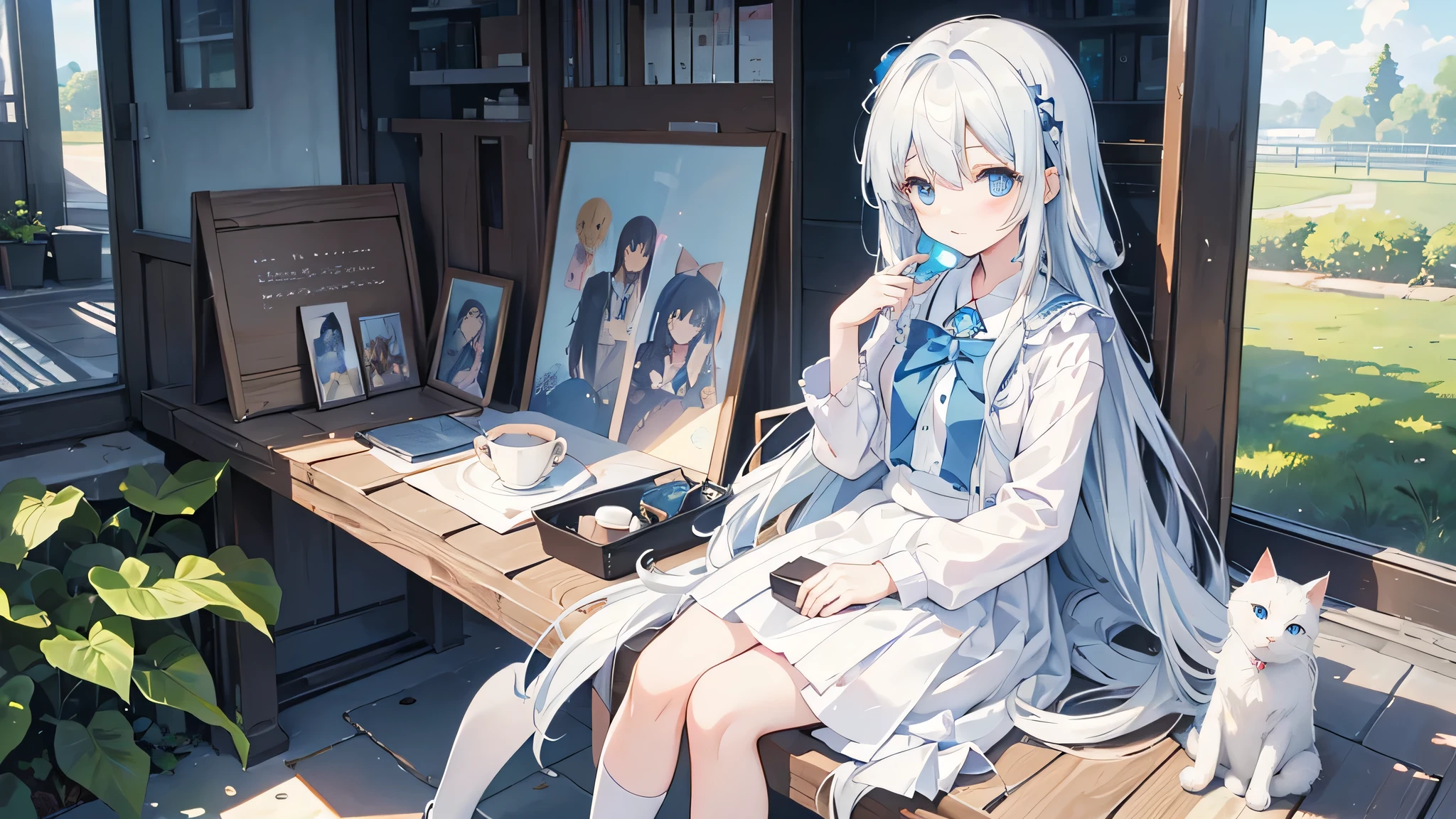 （Highest quality），（Pay attention to detail），（Environmental Optimization），Anime Girl，Sit down nicely，cute，grace，slim，White long hair，Blue Eyes，Slightly tilted head，Cat，White skirt