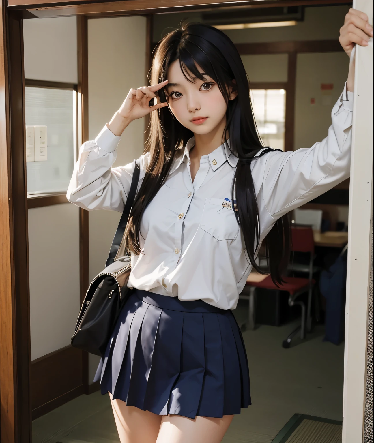 Arabian asian woman wearing skirt and shirt taking a photo, wearing Japanese School Uniform, Wearing uniform, Japanese girls uniform, Japanese , かわいいhigh school girl, hyperリアルなhigh school girl, リアルなhigh school girl, a hyperリアルなhigh school girl, wearing , ポーズをとるhigh school girl, clothing , Girl in uniform, high school girl