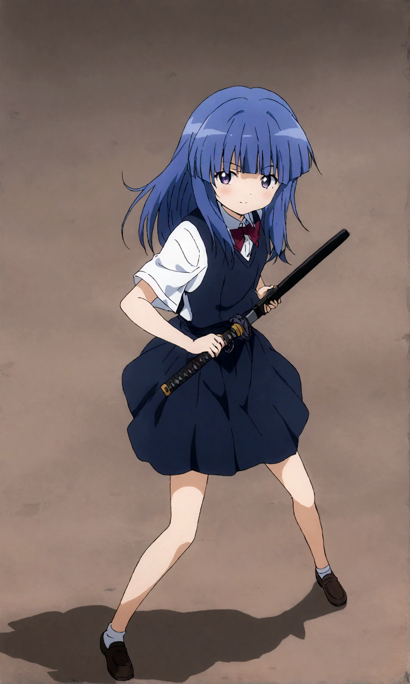 score_9,score_8, score_8_up, BREAK ,1girl, solo, furude rika, (tween), kawaii, blue hair, purple eyes, long hair, blunt bangs, bangs,, bow, skirt, shirt, suspenders, smile, short sleeves, pleated skirt, white shirt, open mouth, :d, red bow, ,^_^, suspender skirt, , black skirt, collared shirt, blush, bowtie, blunt bangs, dress shirt,masterpiece, best quality, source_anime,ceiling, ceiling light, great lighting, detailed shadows, detailed body, anime artwork,anime style, key visual, vibrant, studio anime, highly detailed, anime coloring,,fullbody, in distance, wide shot, from front,straight-on,iaidow,weapon, katana, holding sword, ready to draw, sheathed, unsheathing, scabbard,, ,simple background, white background.Subsurface scattering,(darkness aura)
