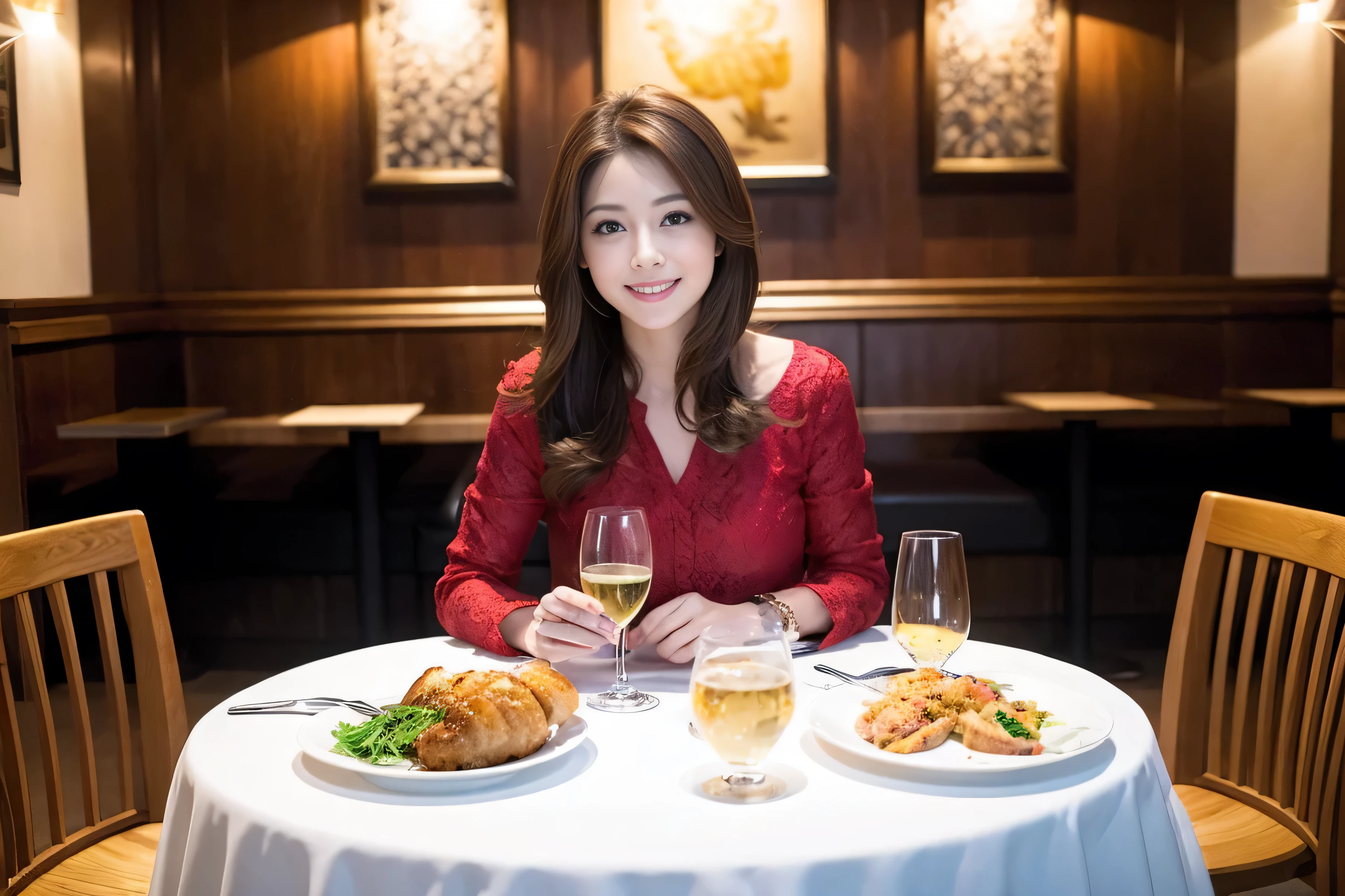 ((highest quality、8k、masterpiece:1.3))、Satomi Ishihara lookalike beauty、1 male、1 female、Couple、Spouse、half、The body is slim、((Bob Hale、Straight hair:1.2)), (Realistic, Intricate details:1.2), Wine glass on the table、Shine light on your face、 Amazing view of the sunset sky and clouds、Amazing mountain views、A bright smile、The wonderfulness of smile、Bright image、The beauty of wine, Beautiful Face, blue eyes, The light shines on your face, Blushing, short hair,Bright Face、 (Age 42), 39 years old, red wine 、Appetizers、Italian food、Wine bottle、Champagne、sparkling wine、Two beauties、Brown Hair、Shortcuts、Long sleeve shirt、dress、Pretty Woman 1, (Slim face), (The body is slim), (Brown Hair), (Shortcuts), cheeks turn a little red,Attractive beauty、restaurant, In a prominent place (From the waist up) Nova Frog Style, actress, model, Upper Body, White wine, slim, wine glass, A wine glass placed in the center, smile, (smile: 1.15), Beautiful fine grain, Depth f/2,saturation, High Contrast, Strong light and shadow,Moist Body:1.5、3D texture、Delicate eyes、Brown Hair、The hair is very shiny、