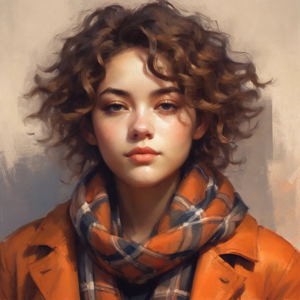 portrait of feminine teenage boy closed eyes curly hair wearing tartan scarf by greg rutkowski yoji shinkawa ilya kuvshinov
portrait digital painting bold brushstrokes highly detailed artstation concept art soft lighting, warm orange tones