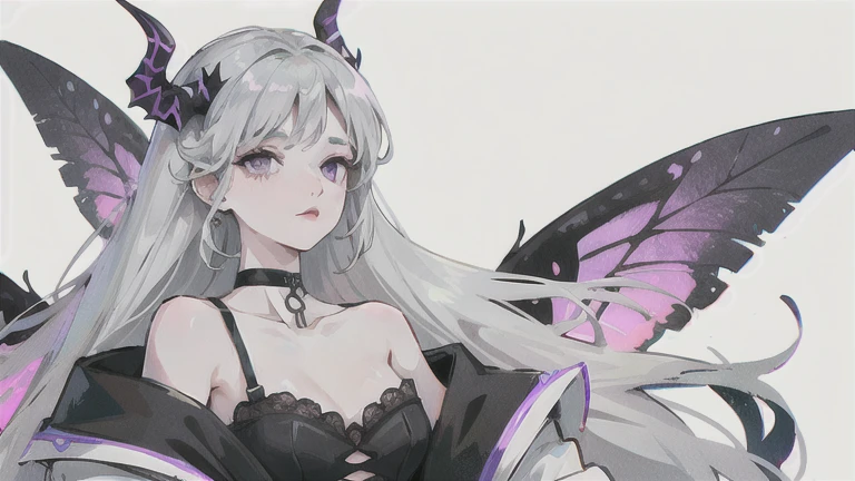 gray hair, long straight hair, purple eyes, Black Wings, black off shoulder dress, choker, horn, Black Wings, White skin, simple background, Black butterfly