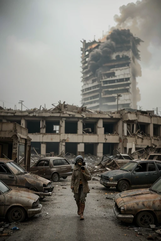 Cinematic post-apocalyptic city, high-rise concrete buildings in ruins belching smoke, dilapidated and crowded buildings, juntas, imagem tirada a 200 metros de altura, a woman in a gas mask and torn clothes walking along one of the streets seen from above, gray sky, a cidade se estende pelo horizonte, ambiente desolado e triste, kenopsia, rusty and destroyed cars on the streets, as detailed as possible, ambiente cinzento, atmosfera cinza, gray buildings, Grey overcast sky