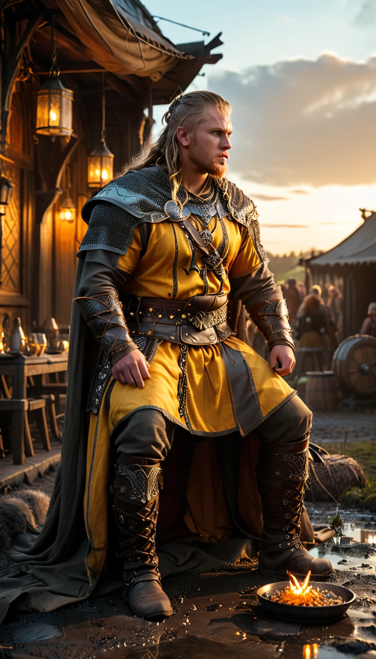 As the sun began to set, The warm golden hues of the sun illuminated his ornate attire, casting a warm glow across the area, Ground-level shot, badass viking eating, background dark, hyper realistic, ultra detailed hyper realistic, photorealistic, Studio Lighting, reflections, dynamic pose, Cinematic, Color Grading, Photography, Shot on 50mm lens, Ultra-Wide Angle, Depth of Field, hyper-detailed, beautifully color, 8k, golden light from the front,