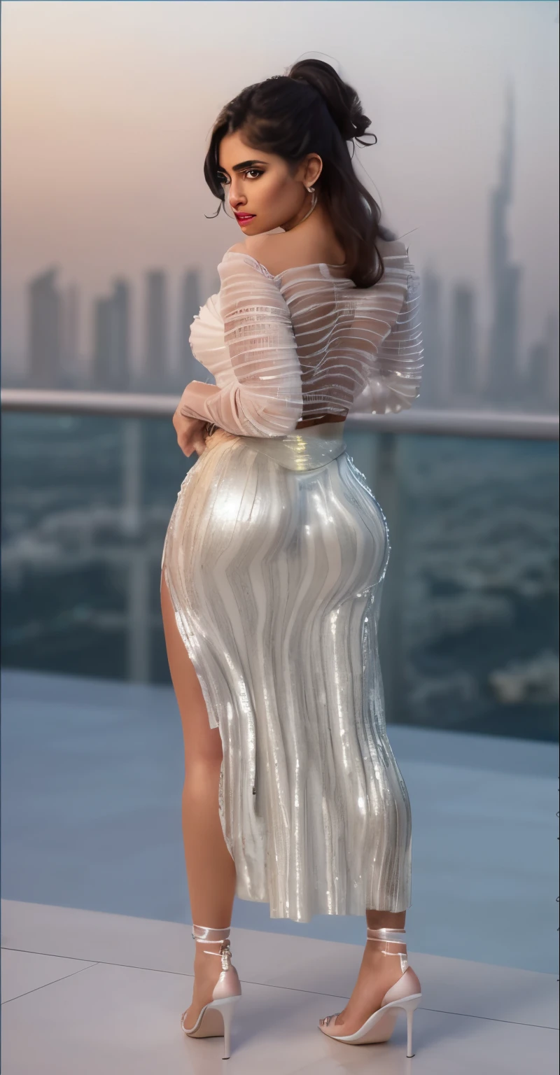 Beautiful Brazilian girl, extremely detailed face, makeup, blush, mesmerizing eyes, luscious lips, fluffy hair, perfectly-shaped eyebrows, sharp cheekbones,She was wearing a white chiffon shirt and long sequin silver skirt, walked in luxury and illuminated terrace with the hyper-detailed, ultra-detailed, hyper-realistic, details, 8k night luminous masterpiece Dubai skyline in the background.