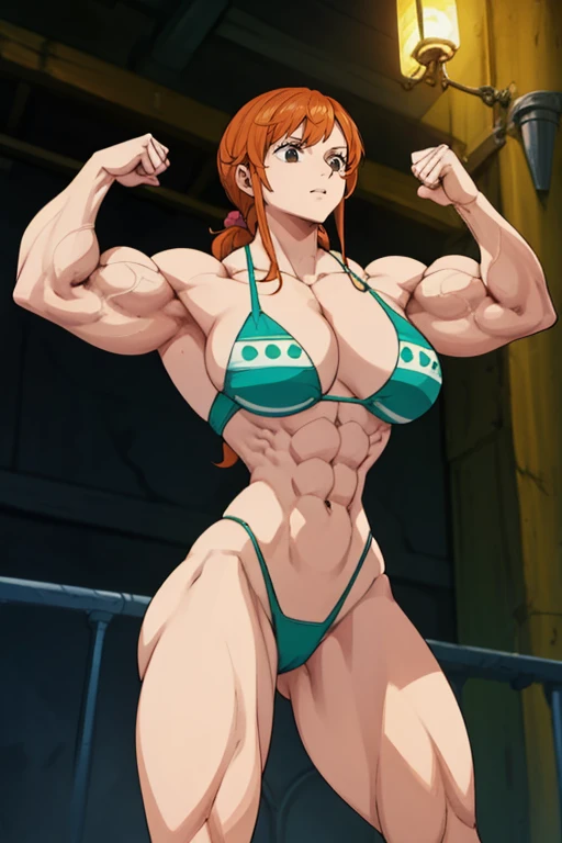 muscular nami,female bodybuilder,flexing muscles,indoor scene,tattered clothes,ripped clothes,visible abs,detailed muscular thighs,detailed obliques,detailed biceps,full body,detailed facial features,dramatic lighting,cinematic,chiaroscuro,moody,dark tones,dramatic shadows,highly detailed,hyper realistic,photorealistic,8k,award winning,trending on artstation