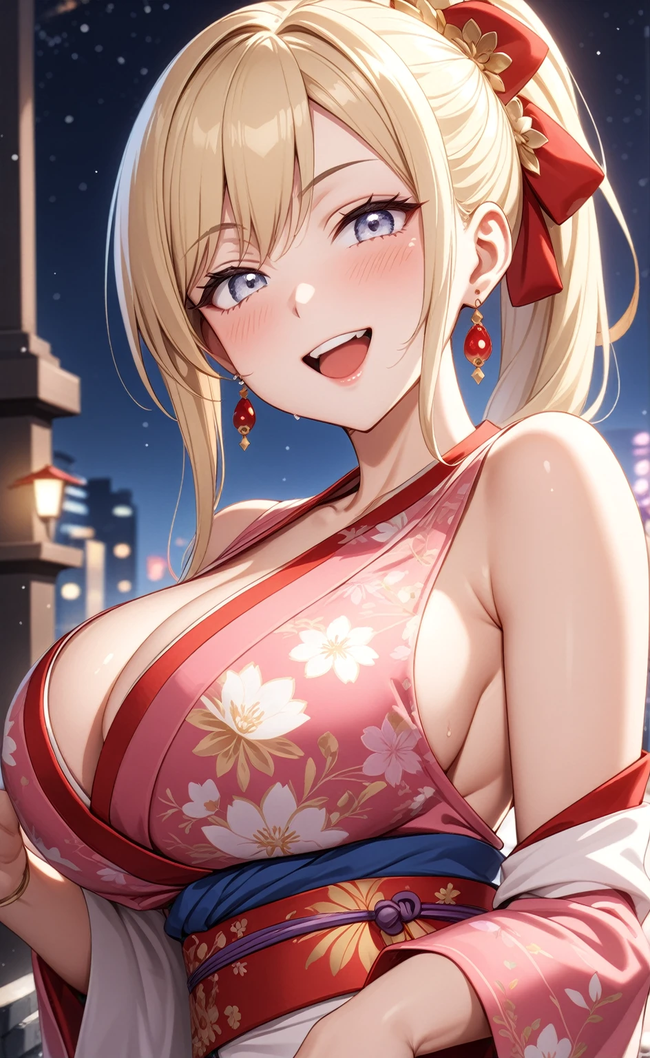 ((one personの女性)), Beautiful Face,Laughing embarrassedly,((Wink:2.0)),laugh with a big mouth,turn bright red,Sweat on the face,Glossy pink lips,night,rooftop,Festive decorations,You can see the ocean, firework,((Anime style background)),masterpiece, highest quality, so beautiful, Latest, Complex details, (Pink long nails),AI-generated, Complex,High resolution, highest quality, super high quality,3D Images、View your viewers、3D Images,one person,Long Blonde Hair,High Ponytail,blue eyes,Anime woman posing for a photo, (Fine grain,Silvery white colorful eyes,Shining Eyes:1.3),(Squint your eyes:1.1),a hyperRealistic , hyperRealistic , Realistic,Blonde anime woman with long hair, Smooth anime CG art, A woman in a colorful kimono with gold embroidery, (Pink kimono),Red floral pattern,Long flower hair ornament,Big earrings,(ring),(Big Breasts:1.1),Mature Body,Tall,Big Ass,Fine details,Tight waist,Abdominal muscles,(Face close up:1.4,Shooting from an angle,