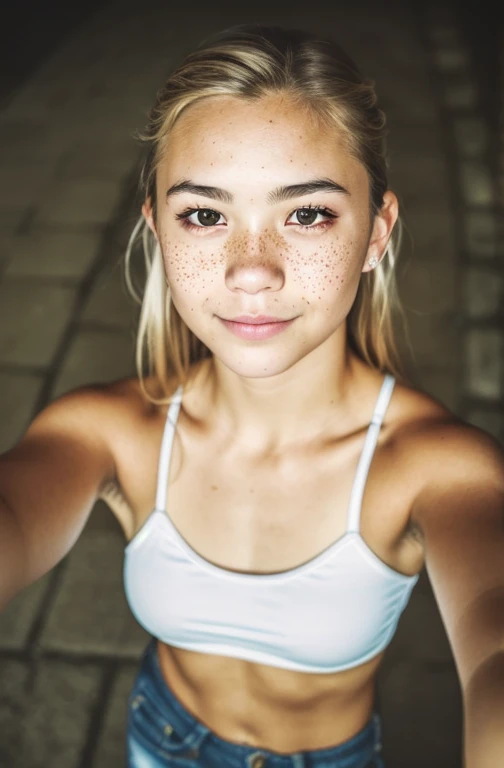(selfie shot, from above:1.4), (half body postrait:1.4), RAW uhd portrait photo of a 18-year-old blonde (freckles) walking down a dark alleyway, natural breasts_b, nighttime city background, (naked), detailed (imperfections:1.1), (looking at the camera), specular lighting, dslr, ultra quality, sharp focus, tack sharp, dof, film grain, (centered), Fujifilm XT3, crystal clear, center of frame, cute face, sharp focus, street lamp, neon lights, bokeh, (dimly lit), low key, at night, (night sky)  detailed skin pores, oiled skin, tan, intricate eye detail