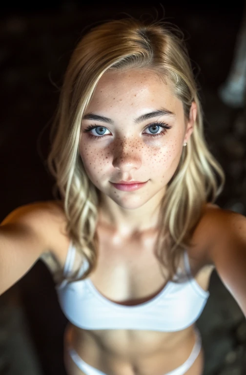 (selfie shot, from above:1.4), (half body postrait:1.4), RAW uhd portrait photo of a 18-year-old blonde (freckles) walking down a dark alleyway, natural breasts_b, nighttime city background, (naked), detailed (imperfections:1.1), (looking at the camera), specular lighting, dslr, ultra quality, sharp focus, tack sharp, dof, film grain, (centered), Fujifilm XT3, crystal clear, center of frame, cute face, sharp focus, street lamp, neon lights, bokeh, (dimly lit), low key, at night, (night sky) detailed skin pores, oiled skin, tan, intricate eye detail