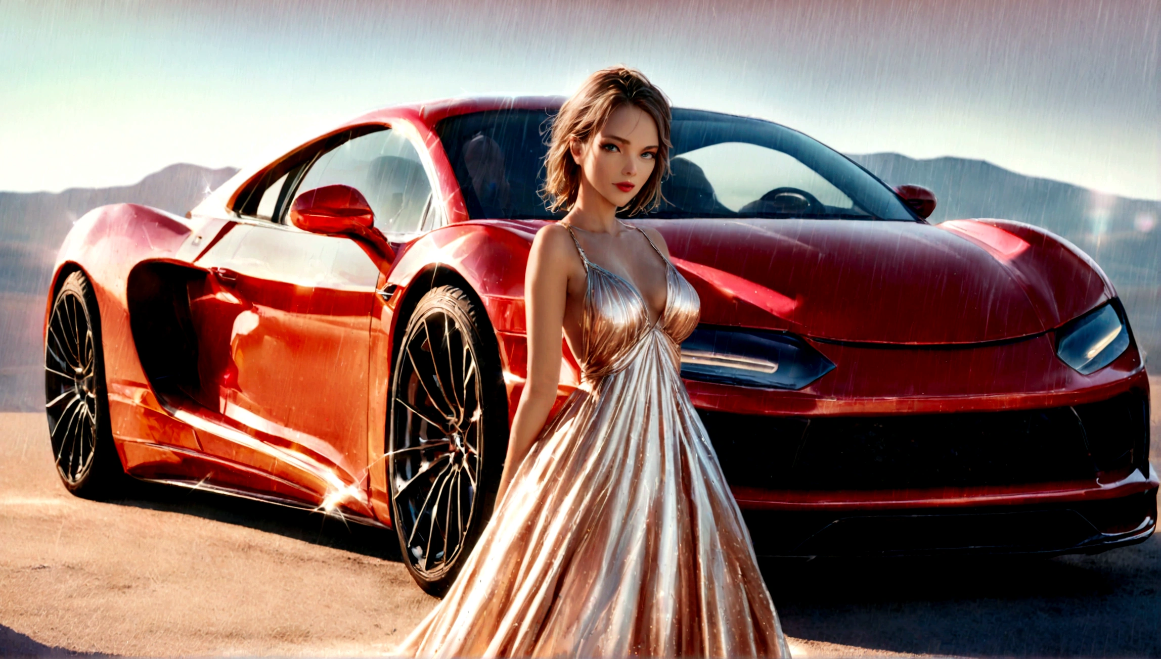 a beautiful girl in a tight dress posing next to a superdeportive car, hyper realistic, 8k, cinematic lighting, detailed facial features, photorealistic, volumetric lighting, dramatic shadows, highly detailed, intricate details, stunning, exquisite, flawless skin, elegant pose, impeccable fashion, glossy car paint, smooth metallic reflections, depth of field, cinematic framing