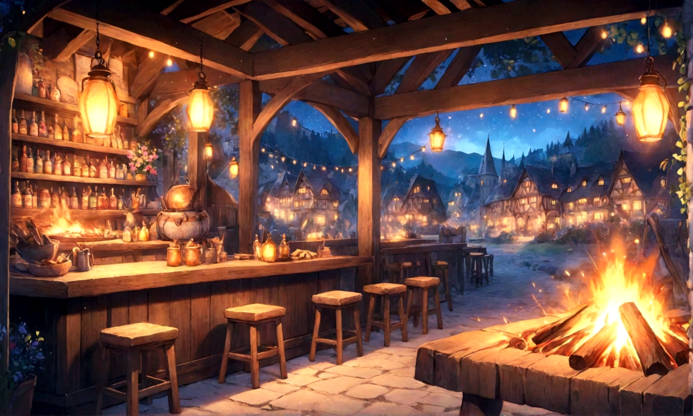 Pastel watercolor painting, lots of flowers, beautiful flowers, fantasy game world view, medieval European outdoor tavern, soft light, ornamental flowers, wooden counter, cute, adorable, animation style, relaxing atmosphere, dreamland, in front of the bonfire, night atmosphere, flying sparks, 8k, high resolution, ultra high quality, clear lines, animation style,
Pastel watercolor, fantasy game world view, medieval European outdoor tavern, soft light, wooden counter, cute, adorable, animation style, relaxing atmosphere, dreamland, in front of the bonfire, night atmosphere, flying sparks, 8k, high resolution, ultra high quality, clear lines, animation style,