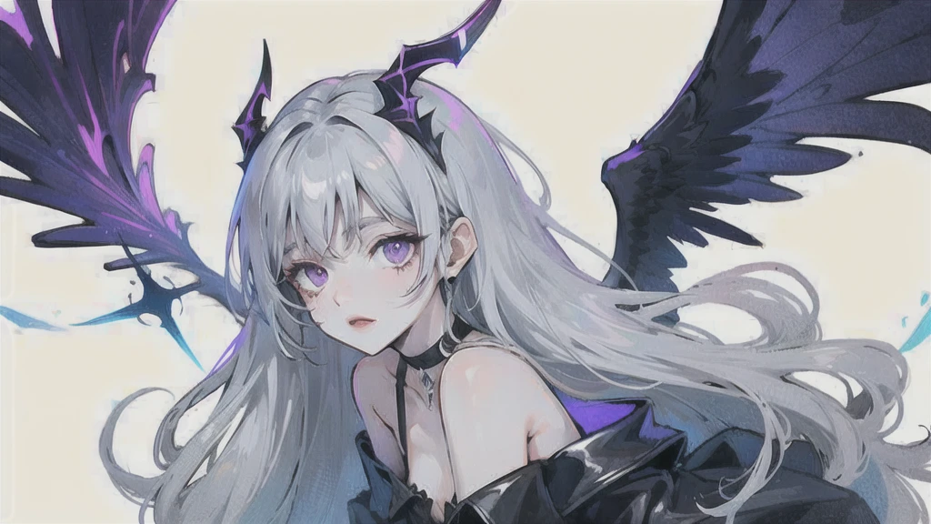 gray hair, long straight hair, purple eyes, Black Wings, black off shoulder dress, choker, horn, Black Wings, White skin, simple background