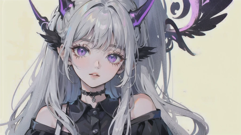 gray hair, long straight hair, purple eyes, Black Wings, black off shoulder dress, choker, horn, Black Wings, White skin, simple background