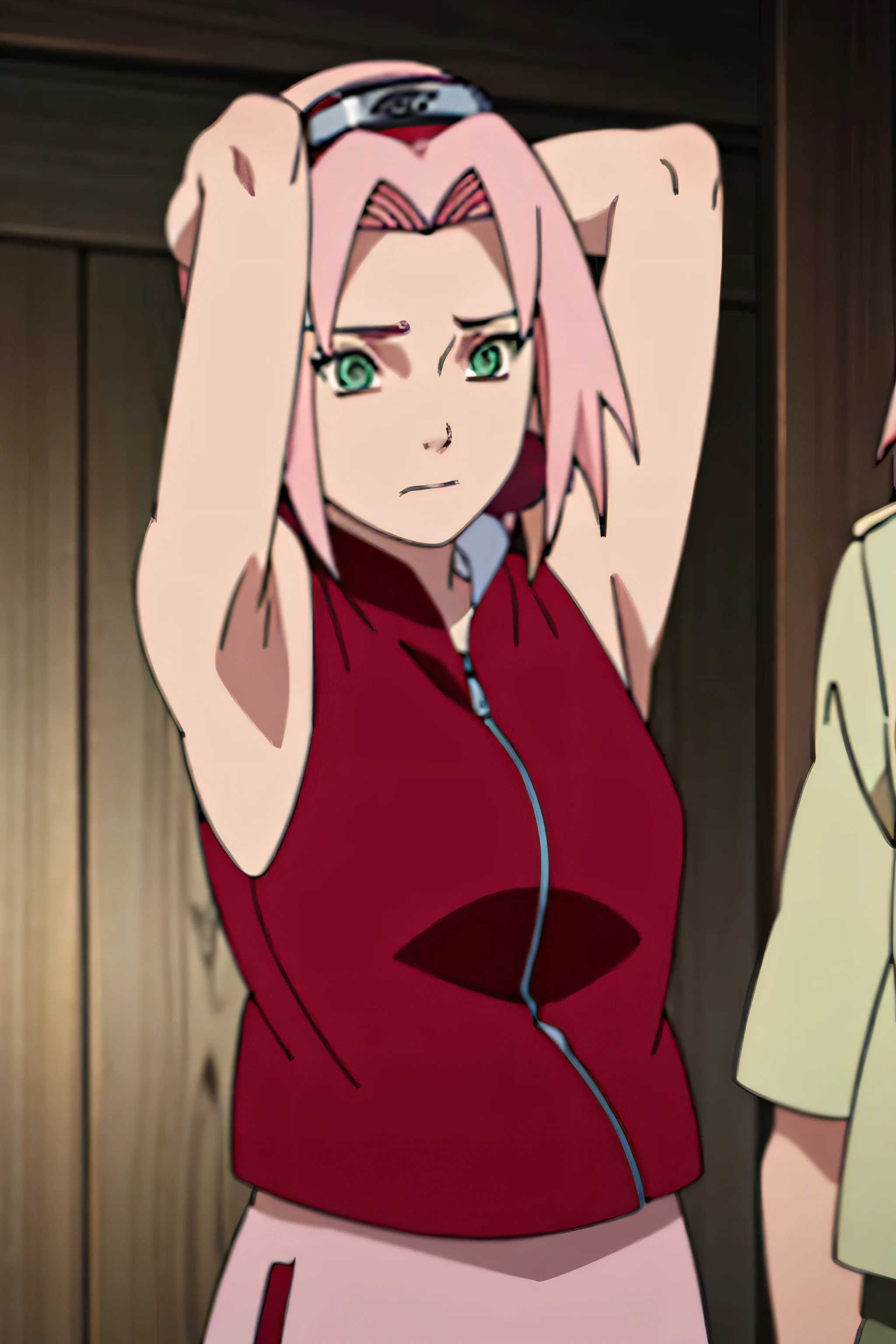 sakura haruno, sleeveless, red jacket, forehead protector, konohagakure symbol, arms behind head, armpits, showing armpits, posing, green eyes, perfect proportions, sakura shippuden