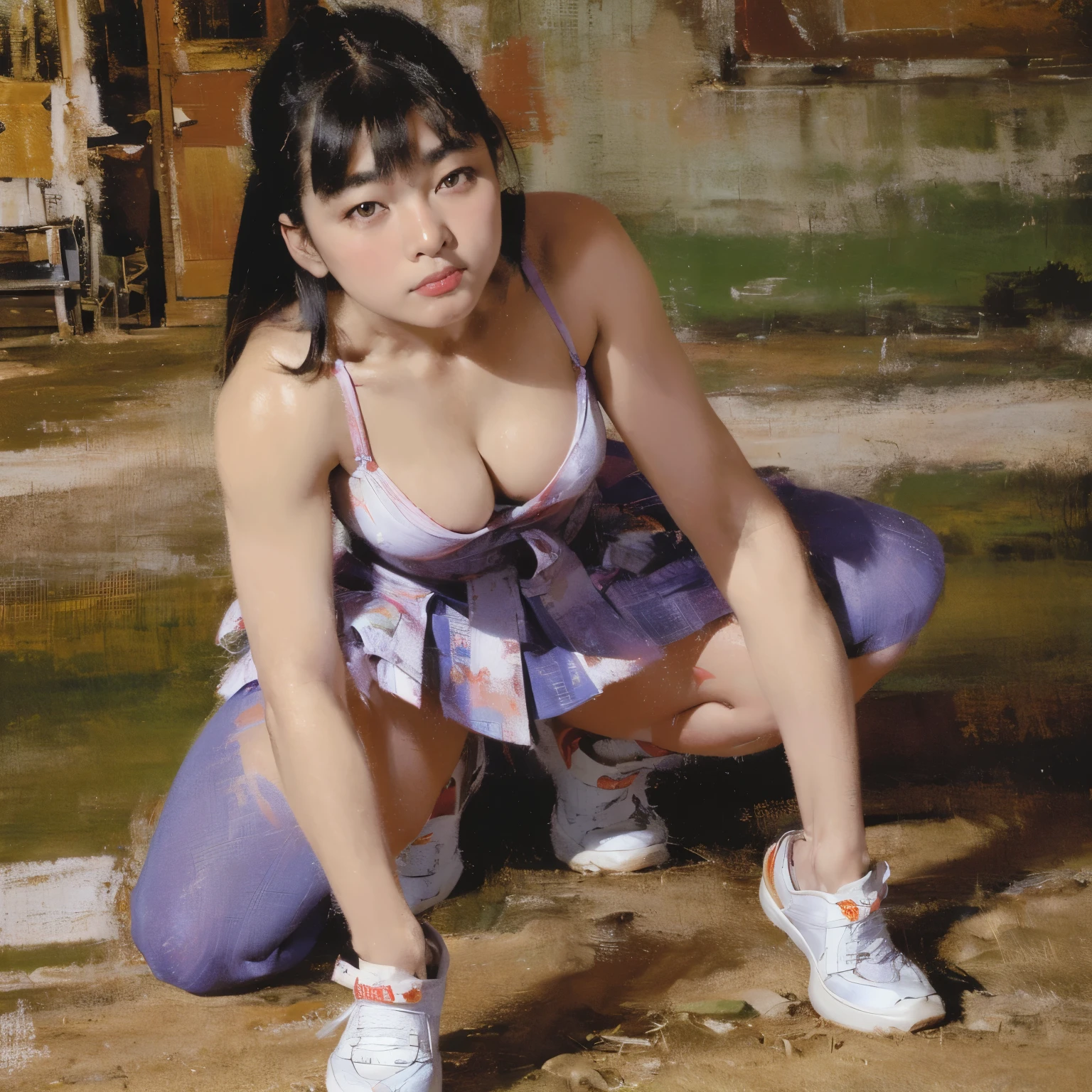 Japanese high school girl, realistic young gravure idol, girl crouching, panchira, young beautiful idols, s, surreal ((best quality, 4K, 8K, highRes, masterpiece: 1.2), Ultra-Detailed, (real, photo Realistic, Photo -Realistic: 1.37), HDR, UHD, physically -based rendering, Chinatown, crowded, crowded