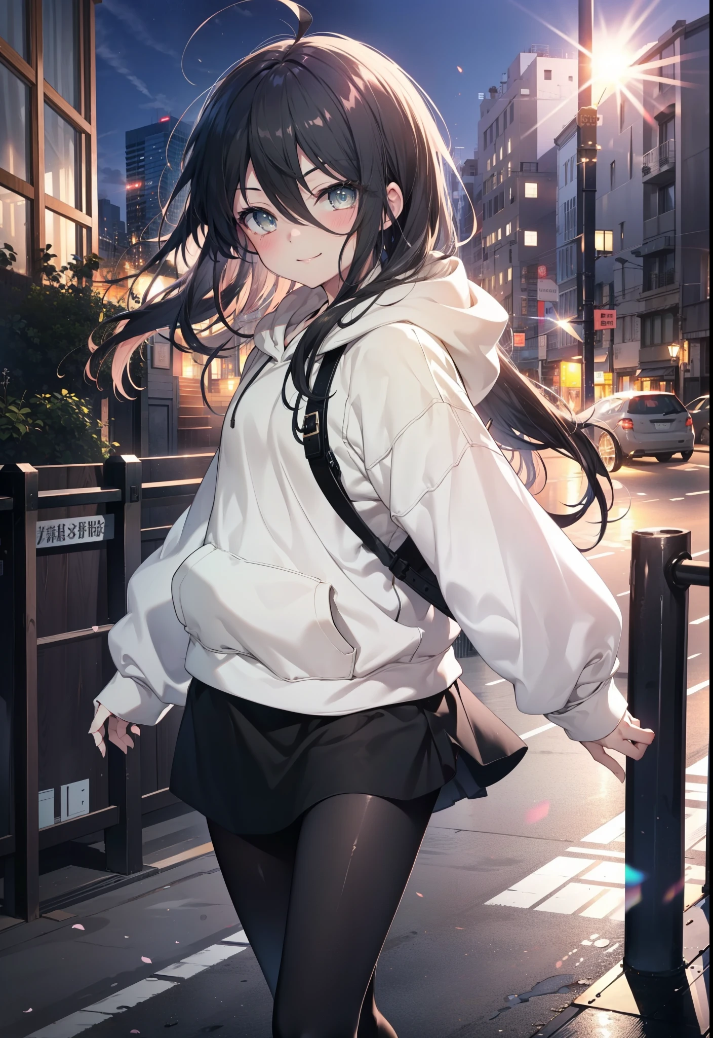 Shana,灼眼のShana,Ahoge,Long Hair,Black, Brown Eyes, Small breasts,happy smile, smile, Close your mouth,blush,Oversized hoodie,Black long skirt,Black pantyhose,short boots,walking,morning,morning陽,The sun is rising,whole bodyがイラストに入るように,
break looking at viewer, whole body,
break outdoors, Building district,
break (masterpiece:1.2), highest quality, High resolution, unity 8k wallpaper, (shape:0.8), (Beautiful and beautiful eyes:1.6), Highly detailed face, Perfect lighting, Highly detailed CG, (Perfect hands, Perfect Anatomy),