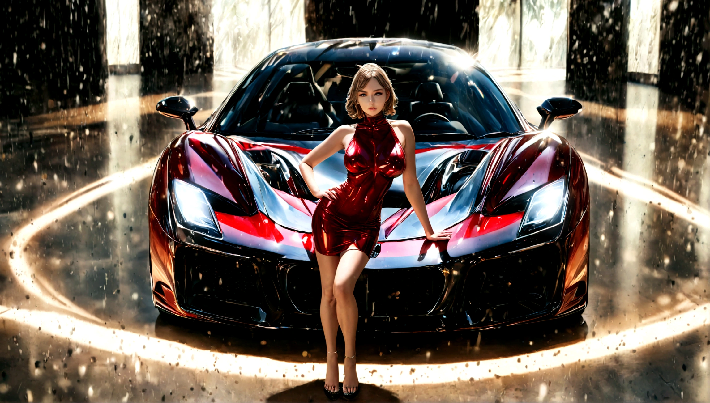 a beautiful girl in a tight dress posing next to a superdeportive car, hyper realistic, 8k, cinematic lighting, detailed facial features, photorealistic, volumetric lighting, dramatic shadows, highly detailed, intricate details, stunning, exquisite, flawless skin, elegant pose, impeccable fashion, glossy car paint, smooth metallic reflections, depth of field, cinematic framing