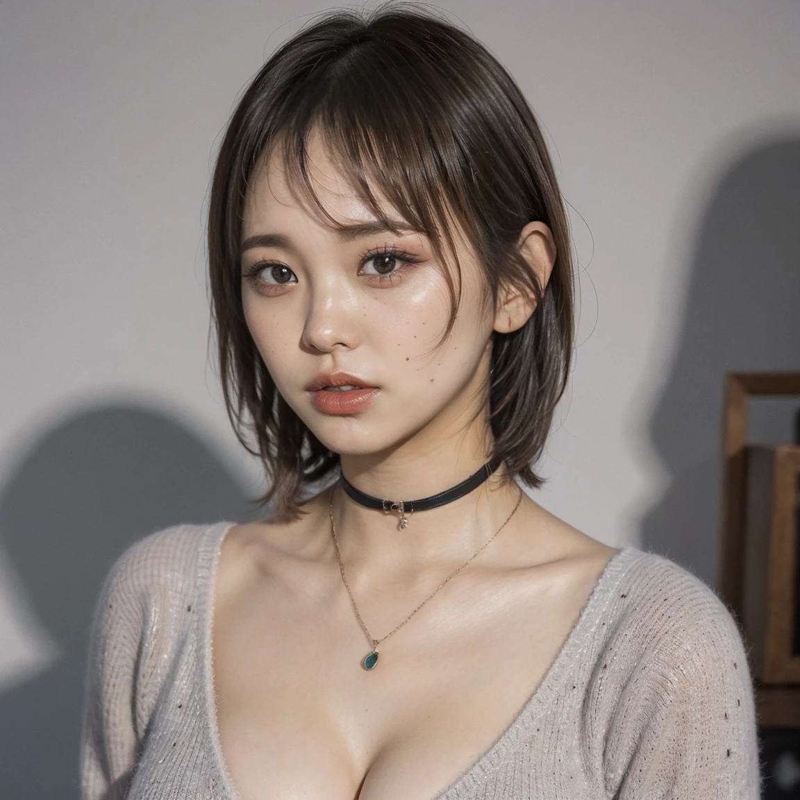 （highest quality，8k，32k，masterpiece，Ultra-high resolution：1.2），smile, Professional Lighting, Flash photography, Shaded photos, Beautiful Japanese women in photos，Big cleavage，Very short bob hair，Upper Body，Face Focus，Extra Large_sweater，Choker Necklace，Gray background,