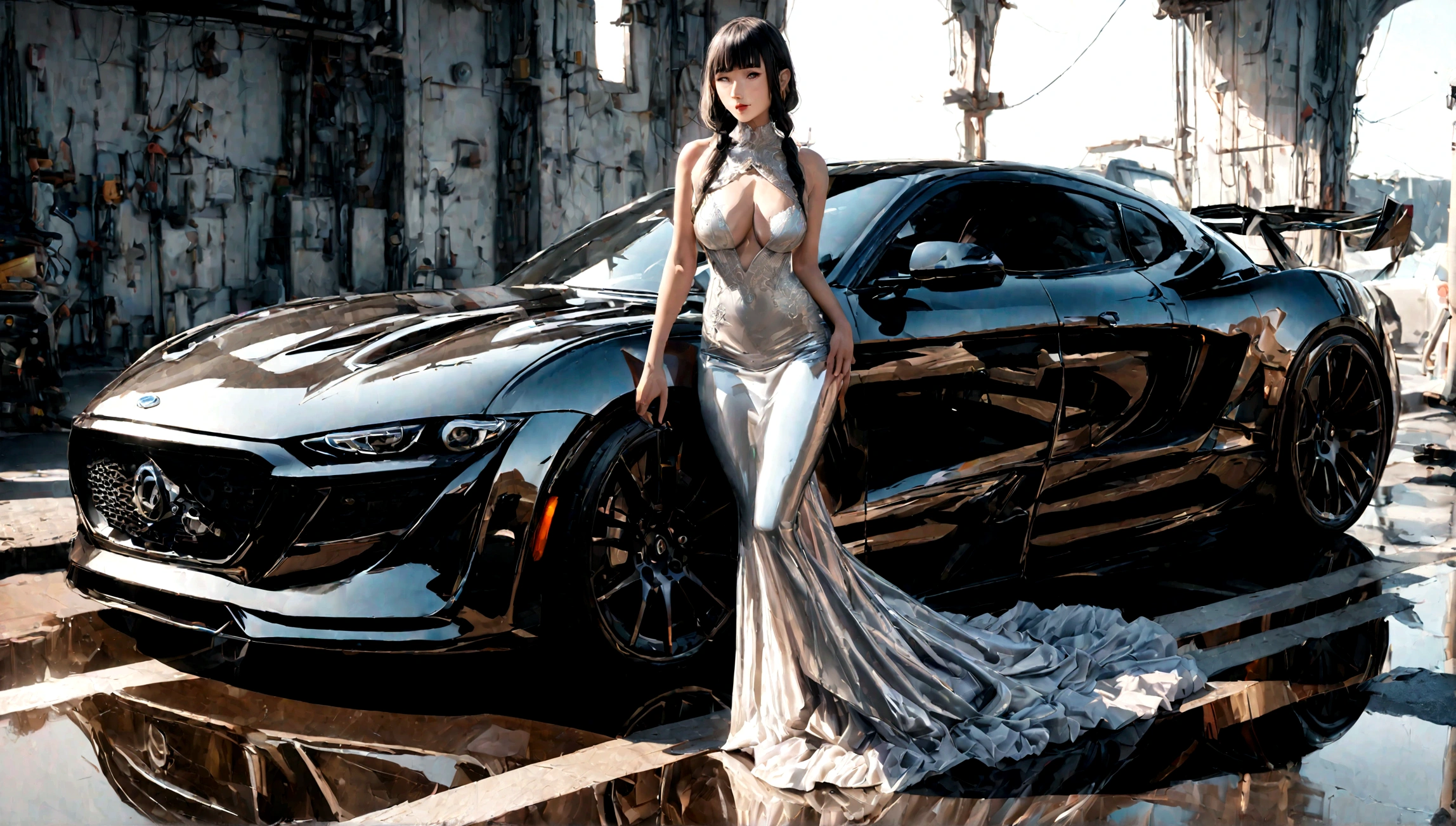 a beautiful girl in a tight dress posing next to a superdeportive car, hyper realistic, 8k, cinematic lighting, detailed facial features, photorealistic, volumetric lighting, dramatic shadows, highly detailed, intricate details, stunning, exquisite, flawless skin, elegant pose, impeccable fashion, glossy car paint, smooth metallic reflections, depth of field, cinematic framing
