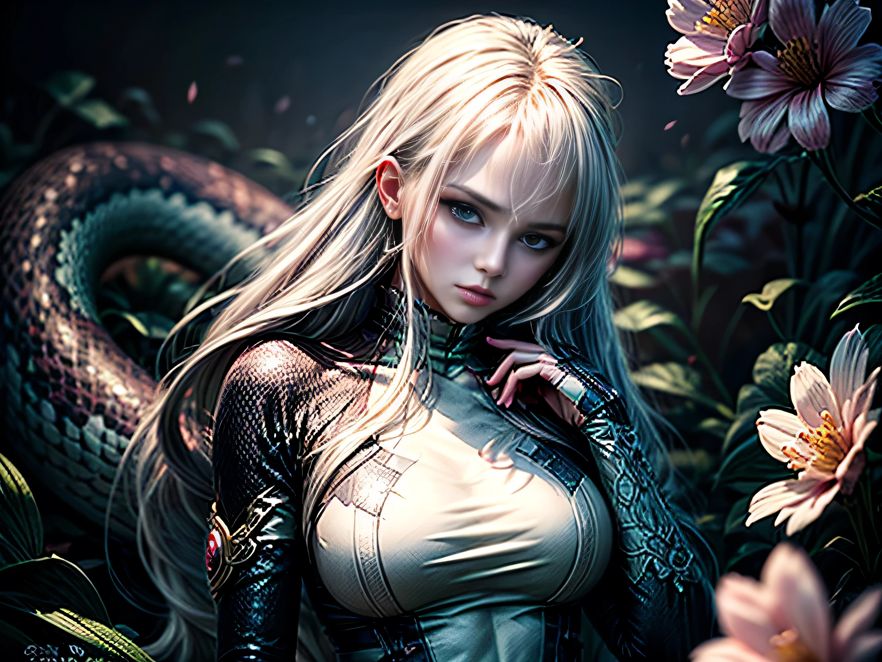 (Best Quality, 8K, Masterpiece, HDR, Soft Lighting, Picture Perfect, Realistic, Bright), White Snake Girl (1.0), Naga Girl (1.0), Snake Girl, Snake Girl with White Hair and Sexy Open Scaled snakecoloredbodysuit, Beautiful Fantasy Anime, Very beautiful and cute snake girl, pink flower petals rain, background blur, anime fantasy, Gouves style work, realistic: 1.37, top view, lying in pink flowers, horizontal view, (ultra high quality fantasy art), masterpiece, female model, ultra high quality design female characters, Detailed 8k anime art, realistic anime art, highest quality wallpaper illustrations, complex ultra high quality accurate female characters faces, high quality design and accurate physics (super high quality fantasy art, dark fantasy style), masterpieces, super high quality characters, anime resolution - 8K, realistic anime art, wallpapers with the highest quality illustrations, ultra-high facial detail, high-quality design and accurate physics), color, depth of field, shadows, ray tracing, high production quality. -high-quality computer wallpapers and 8K resolution, (Accurate simulation of the interaction of light and materials)], [High-quality hair detail [More about beautiful and shiny white hair]], (Beautifully detailed hands [perfect fingers [Perfect nails]]], (perfect anatomy (perfect proportions) ))) [[Full-length]], [Perfect combination of colors (Accurate imitation of the interaction of light and material)], [art that conveys the meaning of the story]