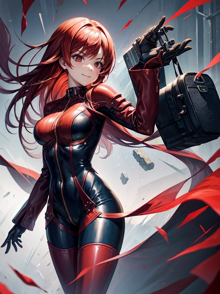 Wearing black and red clothes、red haired woman, Character portraits inspired by Kojima Fumi, pixiv, New line plus, Attractive anime girl, Oppei Cyberpunk, Detailed anime character art, female anime character, Rias Gremory, Biomechanics OPPEIN, Asuka suit under clothes!, Official Character Art, Charming anime girl, Kitagawa Marin Fan Art，
solo，Smile，sit