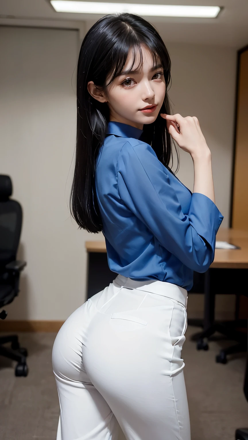 (((Backwards:2.0, Point your ass to the camera:2.0))), ((conference room:2.0)), ((Clothing:2.0, Blue long blouse:2.0, Black panties under white suit pants:2.0)), ((A grin:1.2, Small breasts:1.5, slender:1.5, Small Ass:1.8)), ((Japanese, 1 Girl, 18-year-old, 7 heads, Ideal body proportions, Black Hair, With bangs, Small breasts, Erect nipples, slender, Small Ass, Beautiful feet, Skinny Legs)), Surrealism, Cinematic Lighting, Depth of written boundary, First Person View, Boobs F/1.8, 135mm, Ticker, Mastepiece, Curate, ((Anatomically correct:1.3)), Textured skin, Super Detail, High detail, High quality, Awards, Best Quality, High resolution, 8K