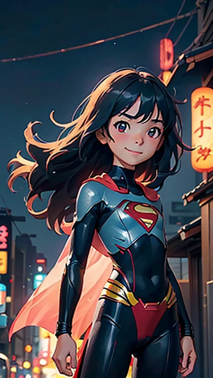 (8k),(masterpiece),(Japanese),(8--old l),((innocent look)),((Petit)),From the front,smile,cute,Innocent,Kind eyes,flat chest, slender,Superman costume,semi-long,Hair blowing in the wind,Black Hair,strong wind,midnight,dark,neon light futuristic city