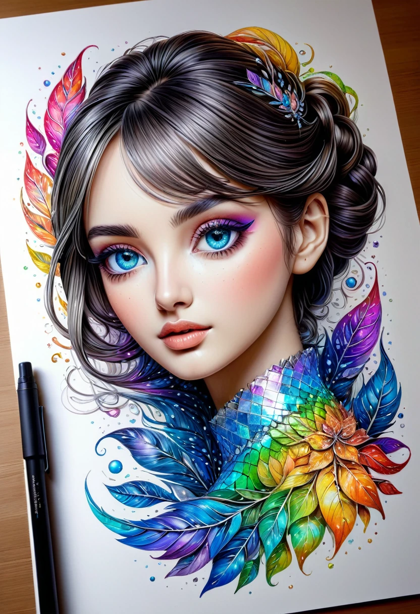 Dessiner une figurine 4D de style encre uhd époustouflante et à couper le souffle, effet  holographique qui semble sortir de la feuille de dessin, extremely detailed drawing, hyperRéaliste, sublime details, detailed eyes. Truly remarkable work, joyful and sensual work, couleurs flamboyantes