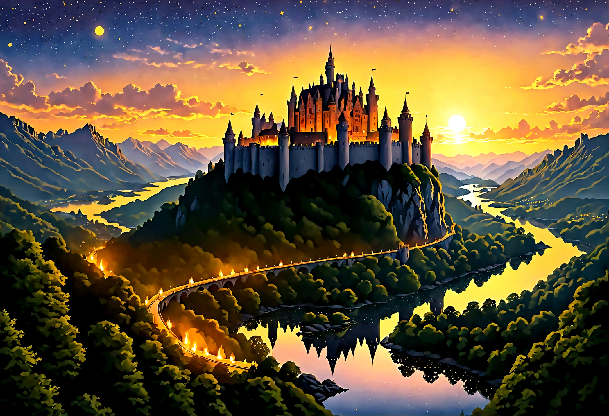 an award winning picture, National Geographic style, Arafed, magnificent artistic picture of a (castle: 1.4) on a mountain range near a lake at dusk, fantasy art D&D art, castle, with towers, turrets, barbican, it is dusk time, the sun is going down, and there are stars in the skies, the last rays of sun, there is a ((bridge lit by torches: 1.4)) crossing to the other side, fantasy forest background, ultra best realistic, best details, 16k, [ultra detailed], masterpiece, best quality, (extremely detailed), photorealism, depth of field, hyper realistic painting, Cinematic Hollywood Film style, digital art