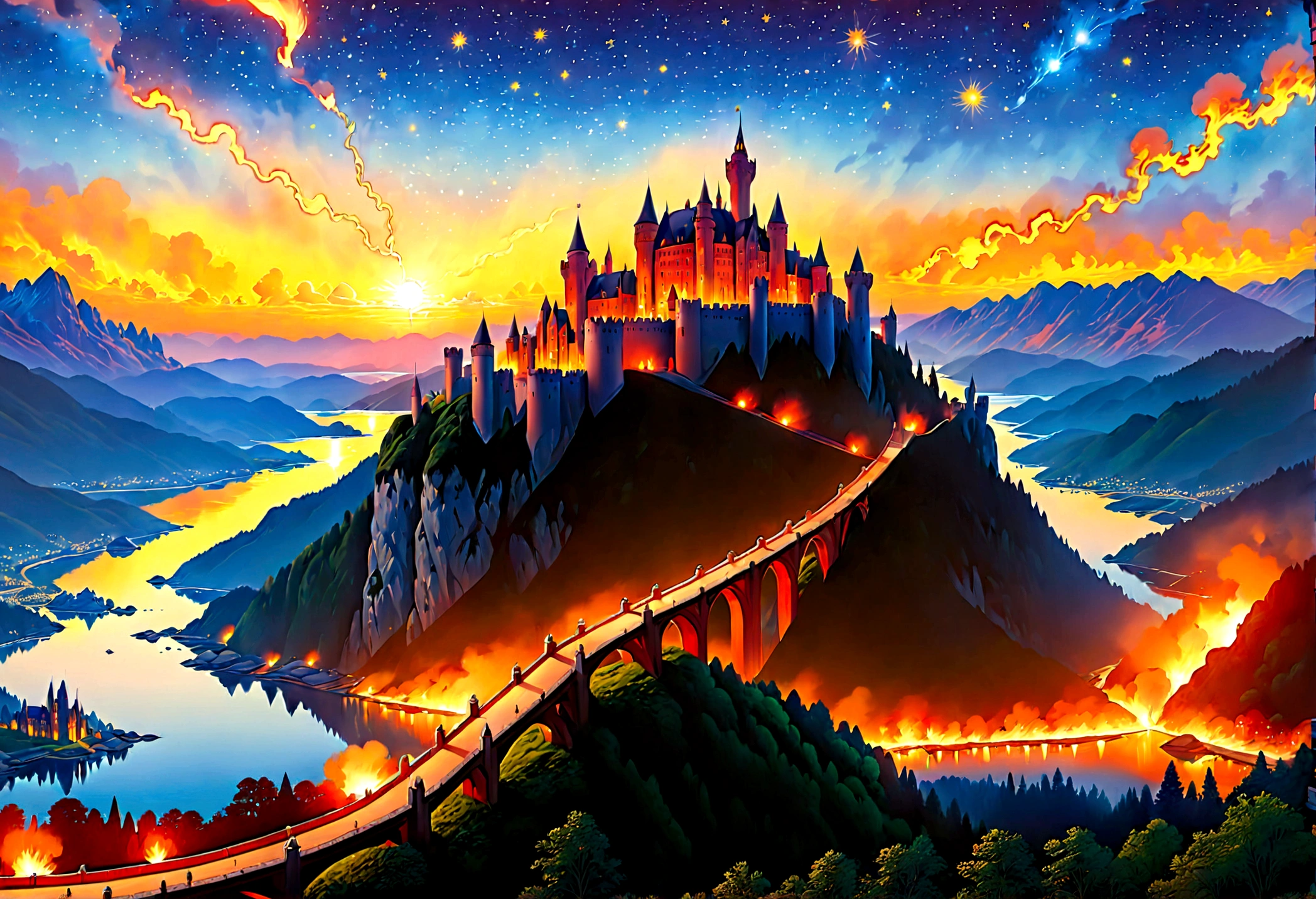 an award winning picture, National Geographic style, Arafed, magnificent artistic picture of a (castle: 1.4) on a mountain range near a lake at dusk, fantasy art D&D art, castle, with towers, turrets, barbican, it is dusk time, the sun is going down, and there are stars in the skies, the last rays of sun, there is a ((bridge lit by torches: 1.4)) crossing to the other side, fantasy forest background, ultra best realistic, best details, 16k, [ultra detailed], masterpiece, best quality, (extremely detailed), photorealism, depth of field, hyper realistic painting, Cinematic Hollywood Film style, digital art