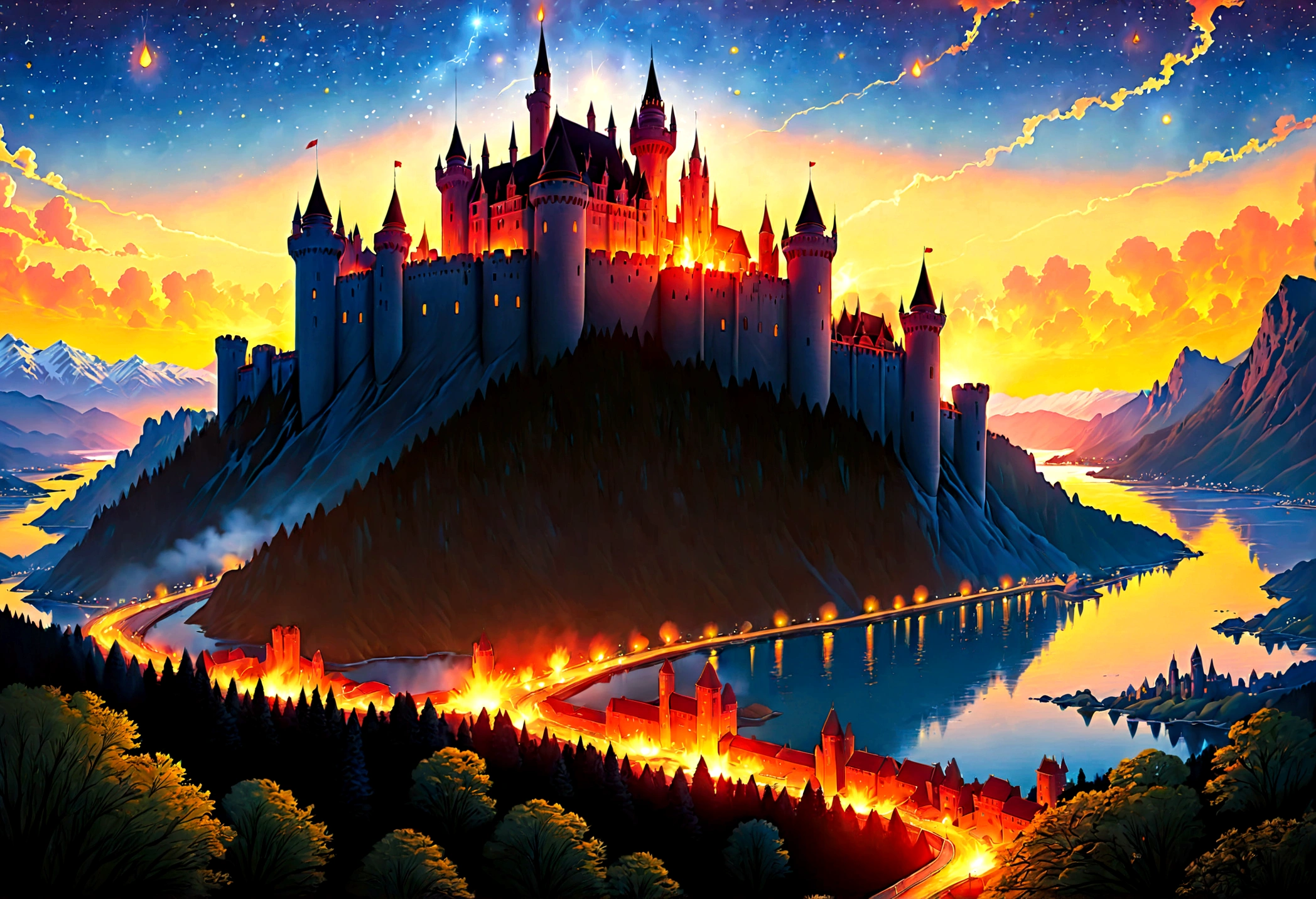 an award winning picture, National Geographic style, Arafed, magnificent artistic picture of a (castle: 1.4) on a mountain range near a lake at dusk, fantasy art D&D art, castle, with towers, turrets, barbican, it is dusk time, the sun is going down, and there are stars in the skies, the last rays of sun, there is a ((bridge lit by torches: 1.4)) crossing to the other side, fantasy forest background, ultra best realistic, best details, 16k, [ultra detailed], masterpiece, best quality, (extremely detailed), photorealism, depth of field, hyper realistic painting, Cinematic Hollywood Film style, digital art