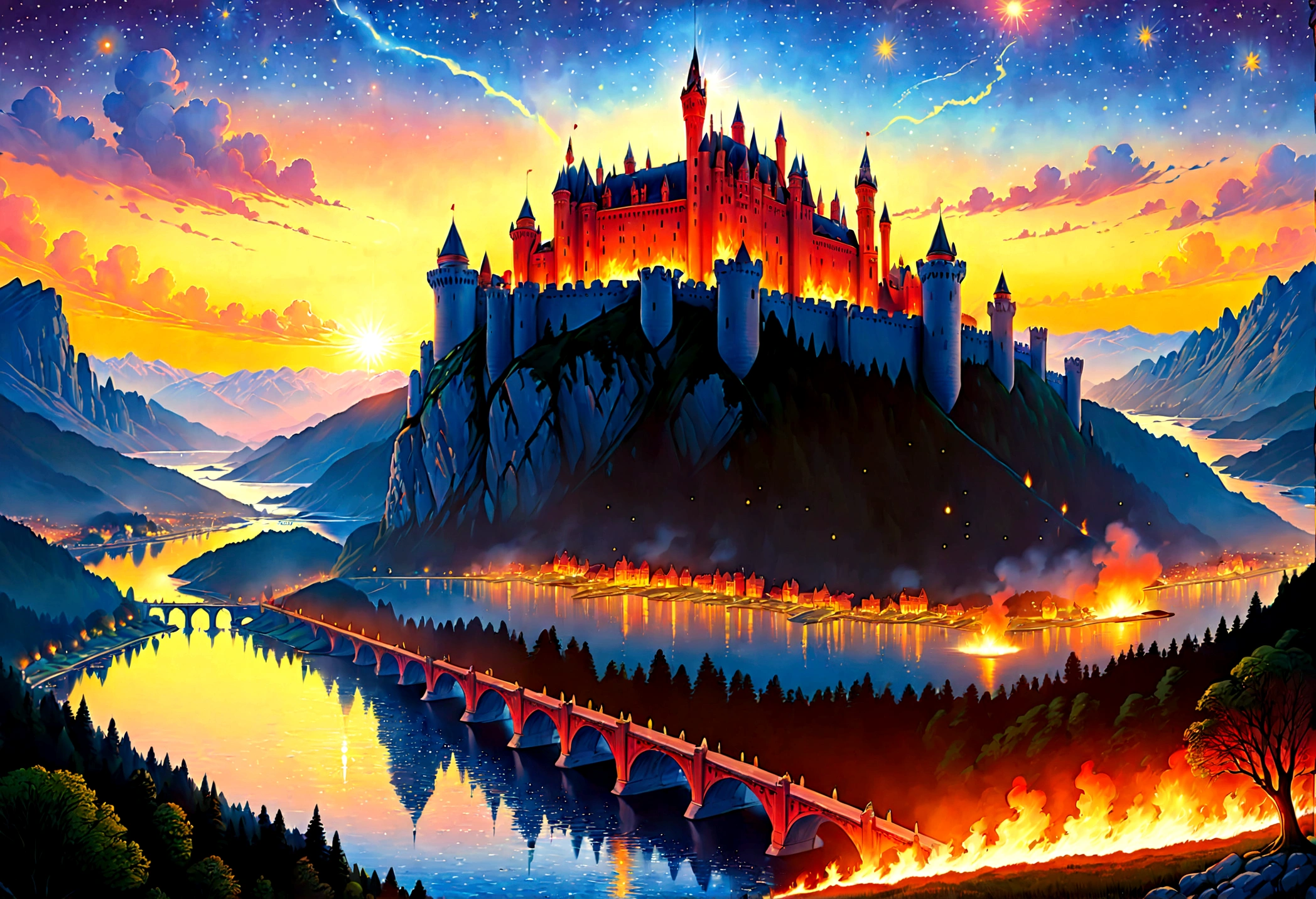 an award winning picture, National Geographic style, Arafed, magnificent artistic picture of a (castle: 1.4) on a mountain range near a lake at dusk, fantasy art D&D art, castle, with towers, turrets, barbican, it is dusk time, the sun is going down, and there are stars in the skies, the last rays of sun, there is a ((bridge lit by torches: 1.4)) crossing to the other side, fantasy forest background, ultra best realistic, best details, 16k, [ultra detailed], masterpiece, best quality, (extremely detailed), photorealism, depth of field, hyper realistic painting, Cinematic Hollywood Film style, digital art