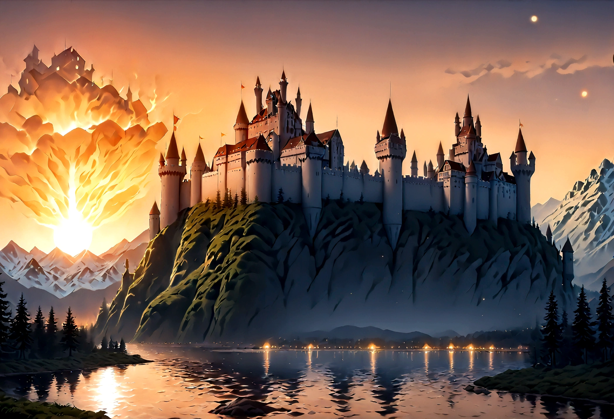 an award winning picture, National Geographic style, Arafed, magnificent artistic picture of a (castle: 1.4) on a mountain range near a lake at dusk, fantasy art D&D art, castle, with towers, turrets, barbican, it is dusk time, the sun is going down, and there are stars in the skies, the last rays of sun, there is a ((bridge lit by torches: 1.4)) crossing to the other side, fantasy forest background, ultra best realistic, best details, 16k, [ultra detailed], masterpiece, best quality, (extremely detailed), photorealism, depth of field, hyper realistic painting, Cinematic Hollywood Film style, digital art