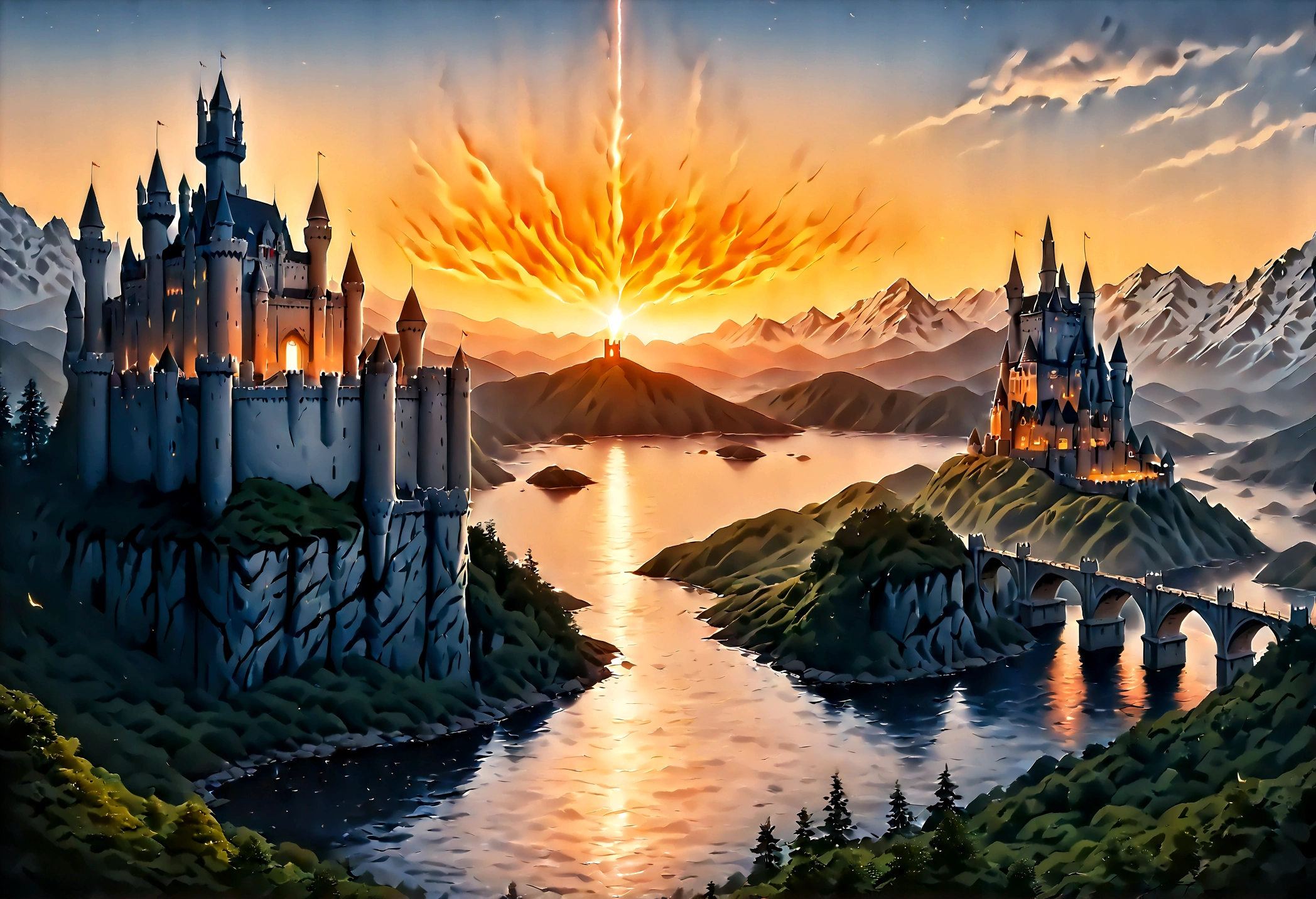 an award winning picture, National Geographic style, Arafed, magnificent artistic picture of a (castle: 1.4) on a mountain range near a lake at dusk, fantasy art D&D art, castle, with towers, turrets, barbican, it is dusk time, the sun is going down, and there are stars in the skies, the last rays of sun, there is a ((bridge lit by torches: 1.4)) crossing to the other side, fantasy forest background, ultra best realistic, best details, 16k, [ultra detailed], masterpiece, best quality, (extremely detailed), photorealism, depth of field, hyper realistic painting, Cinematic Hollywood Film style, digital art