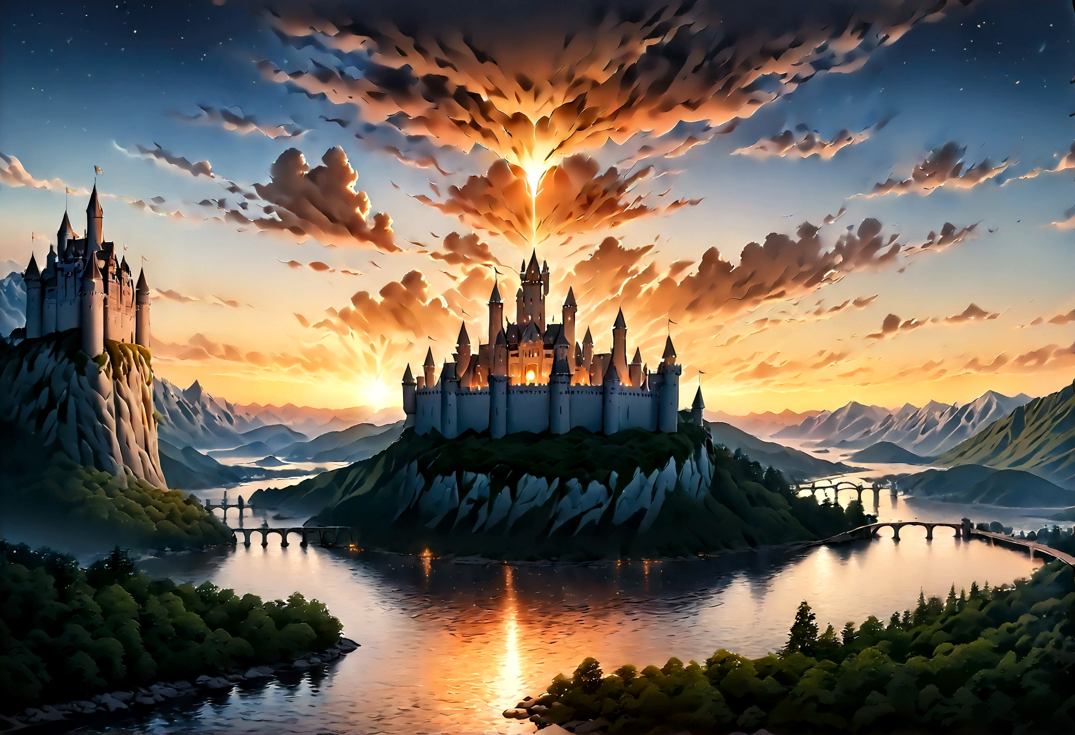 an award winning picture, National Geographic style, Arafed, magnificent artistic picture of a (castle: 1.4) on a mountain range near a lake at dusk, fantasy art D&D art, castle, with towers, turrets, barbican, it is dusk time, the sun is going down, and there are stars in the skies, the last rays of sun, there is a ((bridge lit by torches: 1.4)) crossing to the other side, fantasy forest background, ultra best realistic, best details, 16k, [ultra detailed], masterpiece, best quality, (extremely detailed), photorealism, depth of field, hyper realistic painting, Cinematic Hollywood Film style, digital art