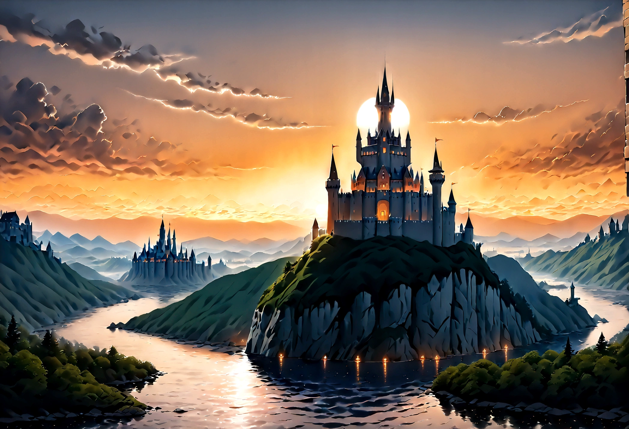 an award winning picture, National Geographic style, Arafed, magnificent artistic picture of a (castle: 1.4) on a mountain range near a lake at dusk, fantasy art D&D art, castle, with towers, turrets, barbican, it is dusk time, the sun is going down, and there are stars in the skies, the last rays of sun, there is a ((bridge lit by torches: 1.4)) crossing to the other side, fantasy forest background, ultra best realistic, best details, 16k, [ultra detailed], masterpiece, best quality, (extremely detailed), photorealism, depth of field, hyper realistic painting, Cinematic Hollywood Film style, digital art