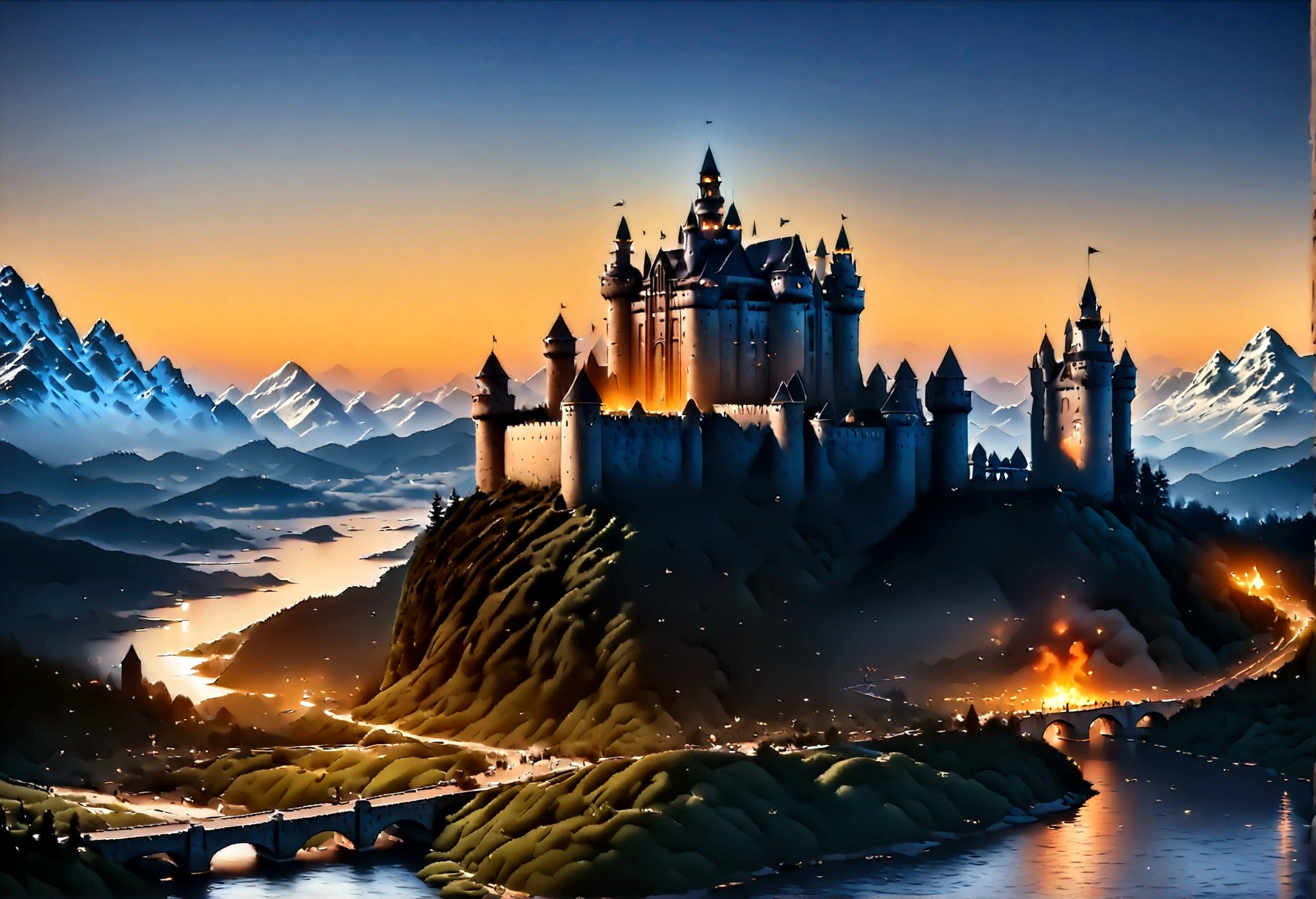 an award winning picture, National Geographic style, Arafed, magnificent artistic picture of a (castle: 1.4) on a mountain range near a lake at dusk, fantasy art D&D art, castle, with towers, turrets, barbican, it is dusk time, the sun is going down, and there are stars in the skies, the last rays of sun, there is a ((bridge lit by torches: 1.4)) crossing to the other side, fantasy forest background, ultra best realistic, best details, 16k, [ultra detailed], masterpiece, best quality, (extremely detailed), photorealism, depth of field, hyper realistic painting, Cinematic Hollywood Film style, digital art