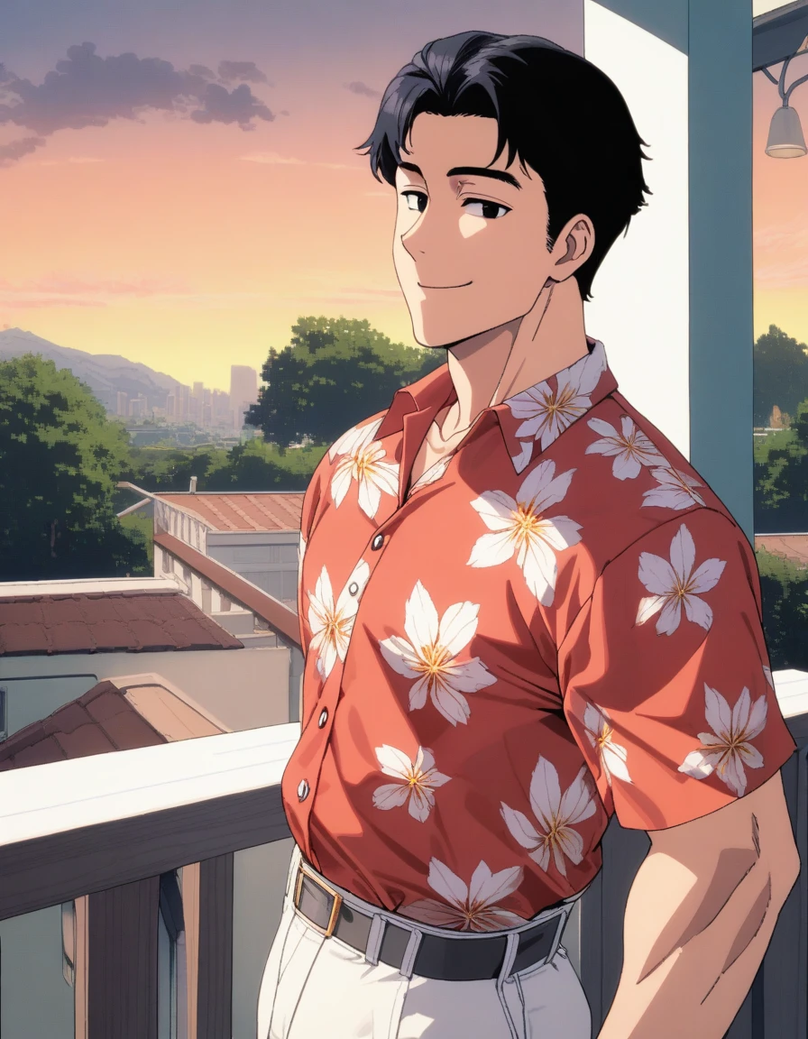 1man, reportage writer, masculine uncle, 35yo, middle-muscular, black hair, short hair, little bangs, forehead, oval shaped, friendly, loose mature, charming sanpaku, black eyes, ordinary, dandy, soft chinpira, ugly, beautiful detailed eyes, solo, upperlegs, red aloha shirt, charming smile, standing, 1990s, visual novel, extreme all detailed, 8k, sharp vision, masterpiece, best quality