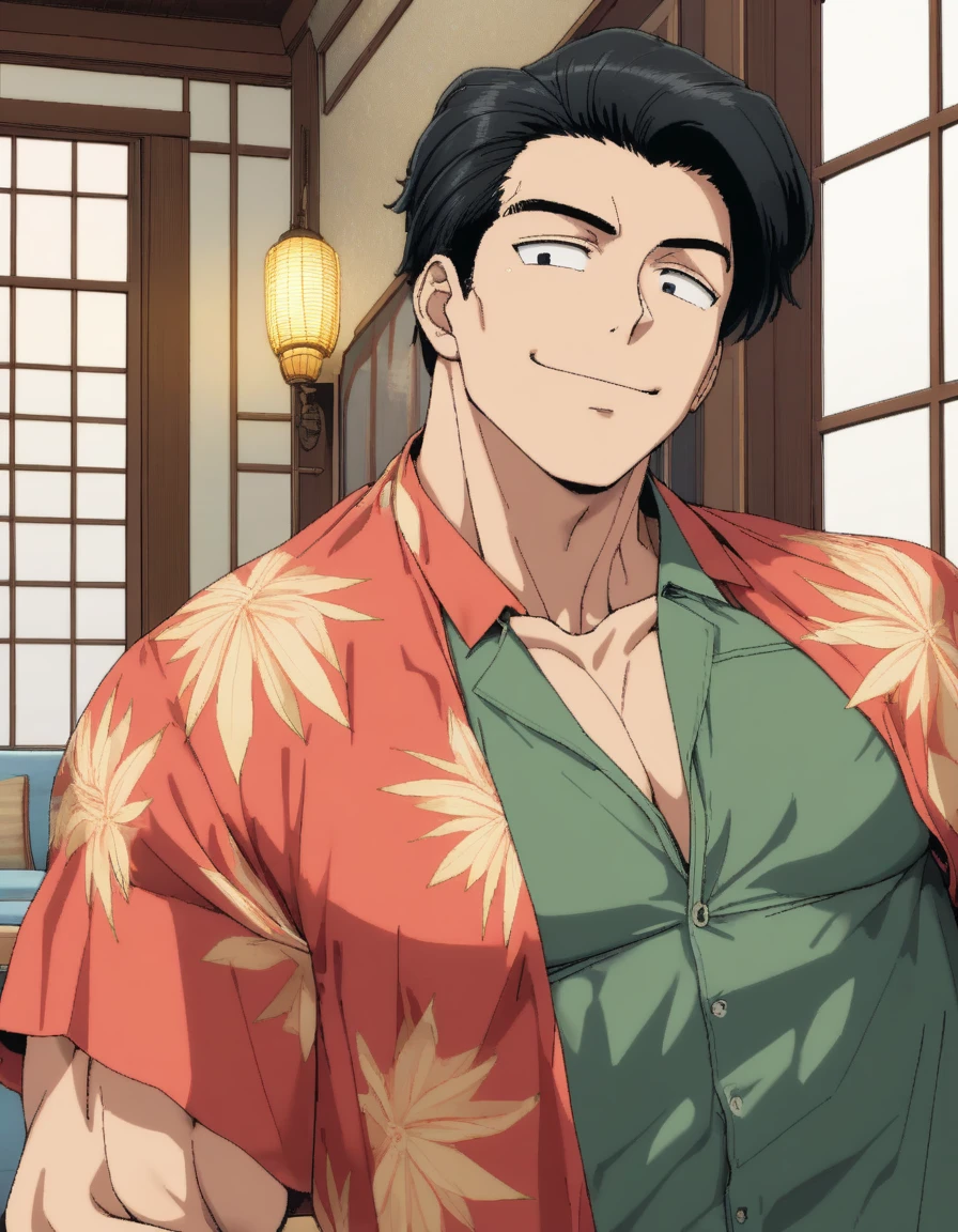 1man, reportage writer, masculine uncle, 35yo, middle-muscular, black hair, short hair, little bangs, forehead, oval shaped, friendly, loose mature, charming sanpaku, black eyes, ordinary, dandy, soft chinpira, ugly, beautiful detailed eyes, solo, upperlegs, red aloha shirt, charming smile, standing, 1990s, visual novel, extreme all detailed, 8k, sharp vision, masterpiece, best quality