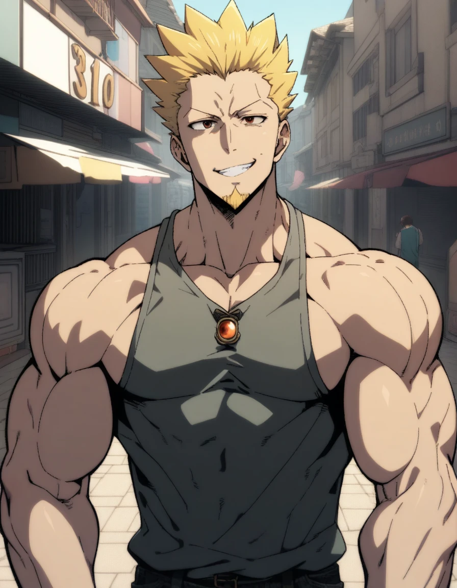 Bakugo Katsuki《My Hero Academia》, Wearing black sweatpants and a black vest, Smile, Bodybuilder, Definition, Big abdominal muscles, Super Muscle, walk