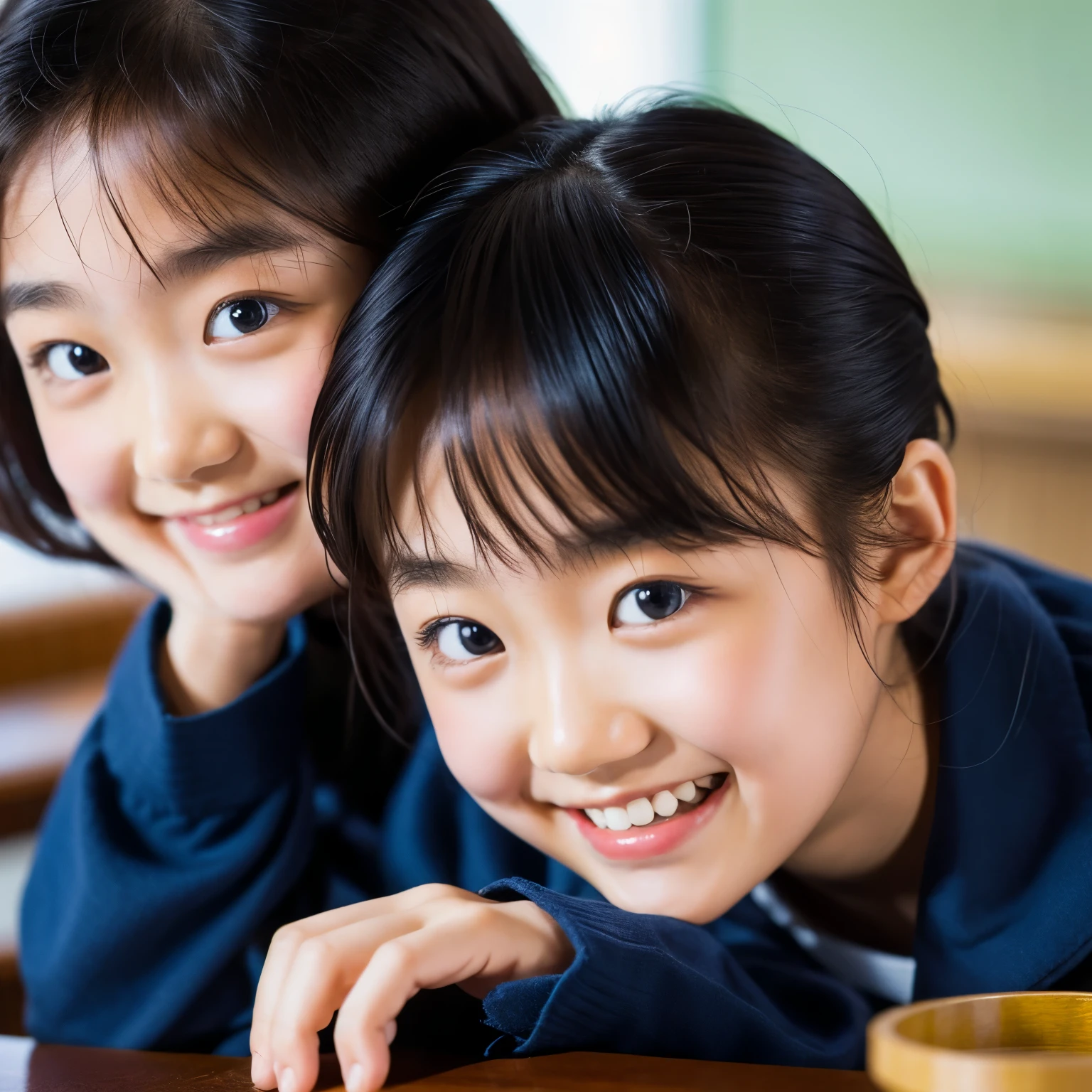 lens: 135mm f1.8, (highest quality),(RAW Photos), (Tabletop:1.1), (Beautiful 12 year old Japanese girl), Cute Face, (Deeply chiseled face:0.7), (freckles:0.4), dappled Nikko, Dramatic lighting, Navy blue sailor suit,  Long sleeve, (In the classroom), shy, (Close-up shot:1.2), smile