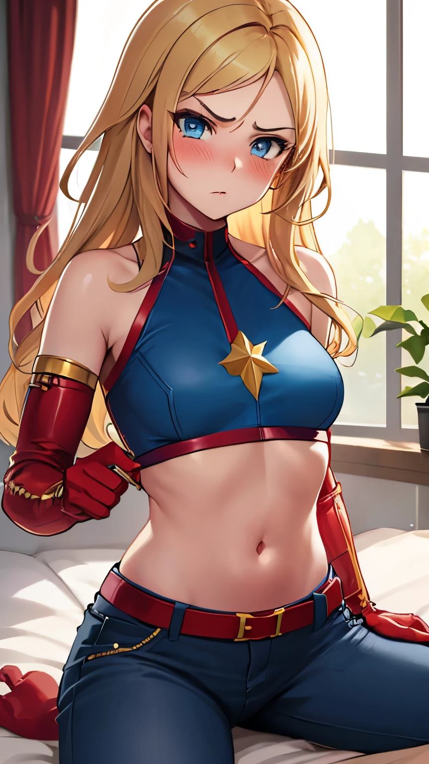 Angry, solo, 1 woman, gold hair, long hair, blue eyes, cptMarvel, Cropped top 1.4, pants 1.4, sleeves, cover breast, small breast, red gloves, belt, shiny clothes, girl grabbing veiwer, navel, mature women, blush, girl Laying on bed,
(insanely detailed, beautiful detailed face, beautiful detailed eyes, masterpiece, best quality), solo, 1boy, pov, missionary, girl sitting on pov laps, girl sitting on boy laps, cowgirl pose, pov grab girl Waist,
 