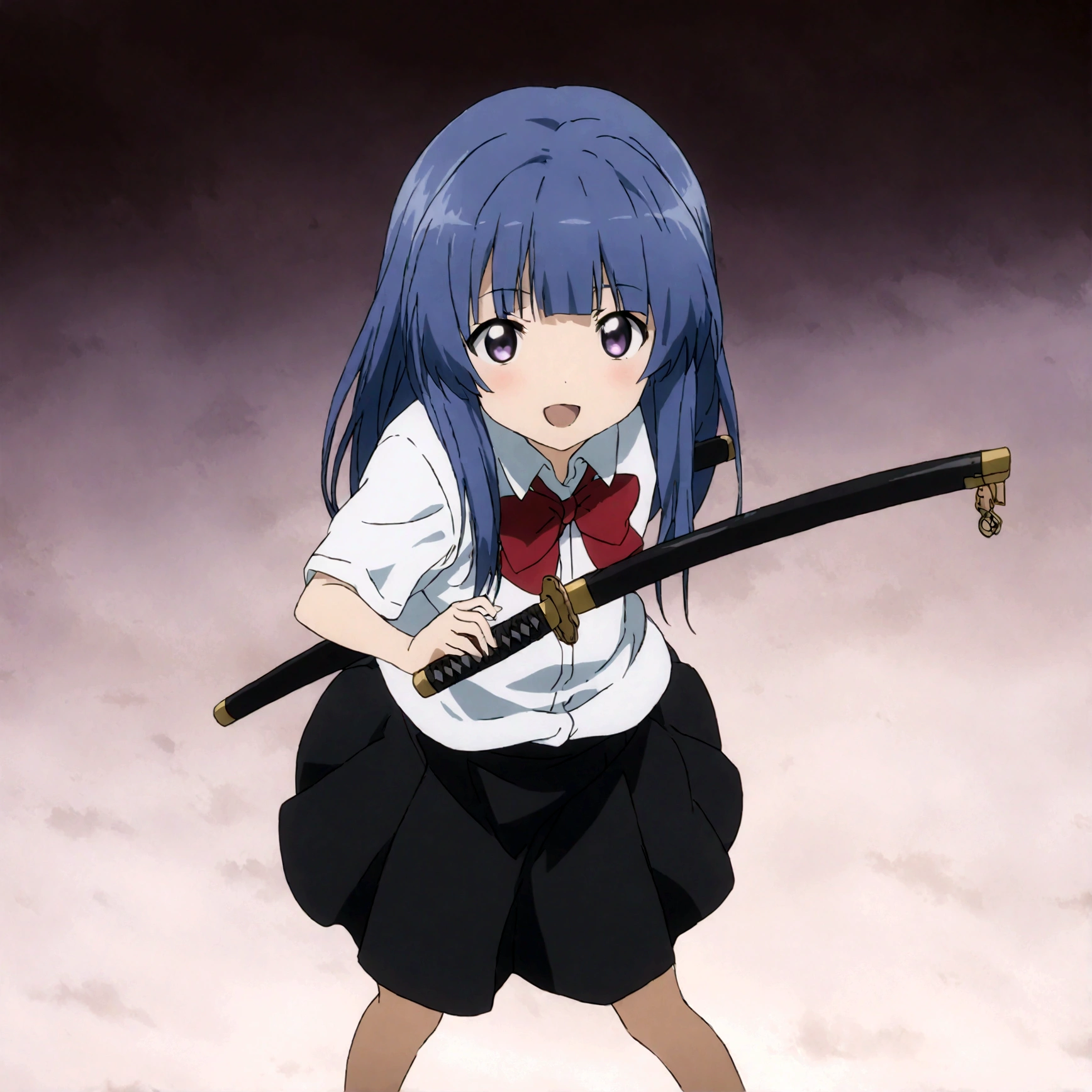 score_9,score_8, score_8_up, BREAK ,1girl, solo, furude rika, (tween), kawaii, blue hair, purple eyes, long hair, blunt bangs, bangs,, bow, skirt, shirt, suspenders, smile, short sleeves, pleated skirt, white shirt, open mouth, :d, red bow, ,^_^, suspender skirt, , black skirt, collared shirt, blush, bowtie, blunt bangs, dress shirt,masterpiece, best quality, source_anime,ceiling, ceiling light, great lighting, detailed shadows, detailed body, anime artwork,anime style, key visual, vibrant, studio anime, highly detailed, anime coloring,,fullbody, in distance, wide shot, from front,straight-on,iaidow,weapon, katana, holding sword, ready to draw, sheathed, unsheathing, scabbard,, ,simple background, white background.Subsurface scattering,(darkness aura)