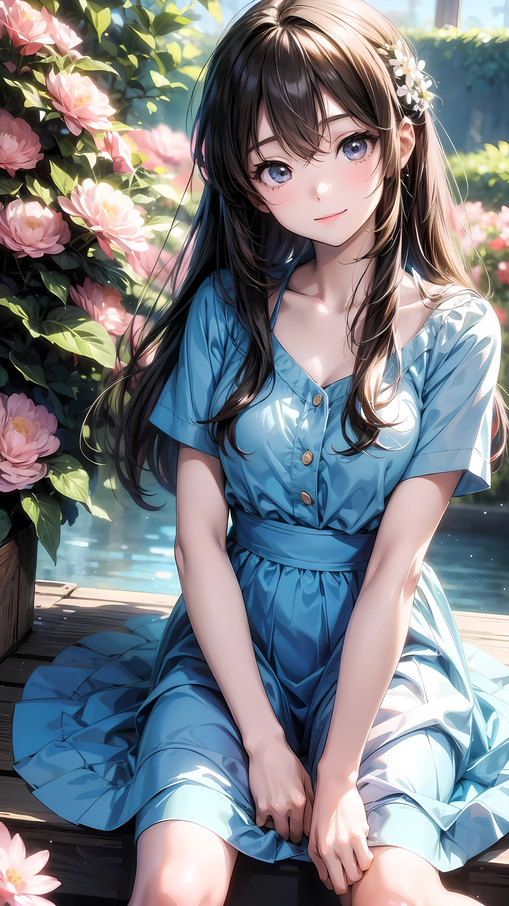 Anime girl in 80s anime style sitting among flowers and looking at the camera, Smile. Pale