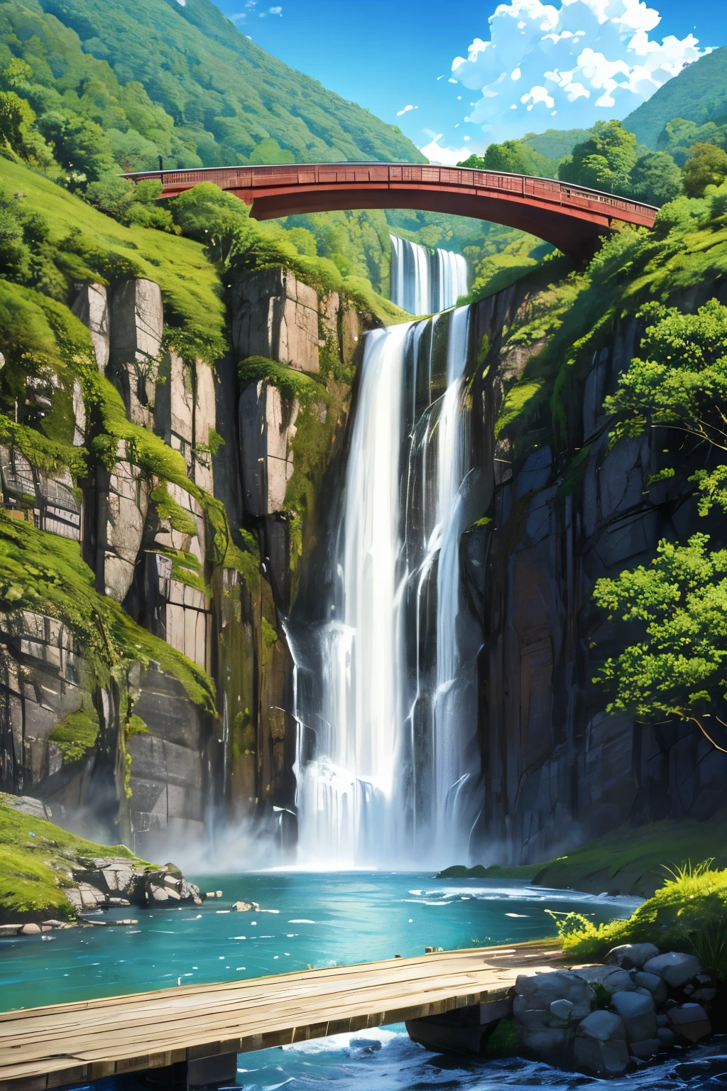 anime scenery of a bridge over a river with a waterfall in backgrounds