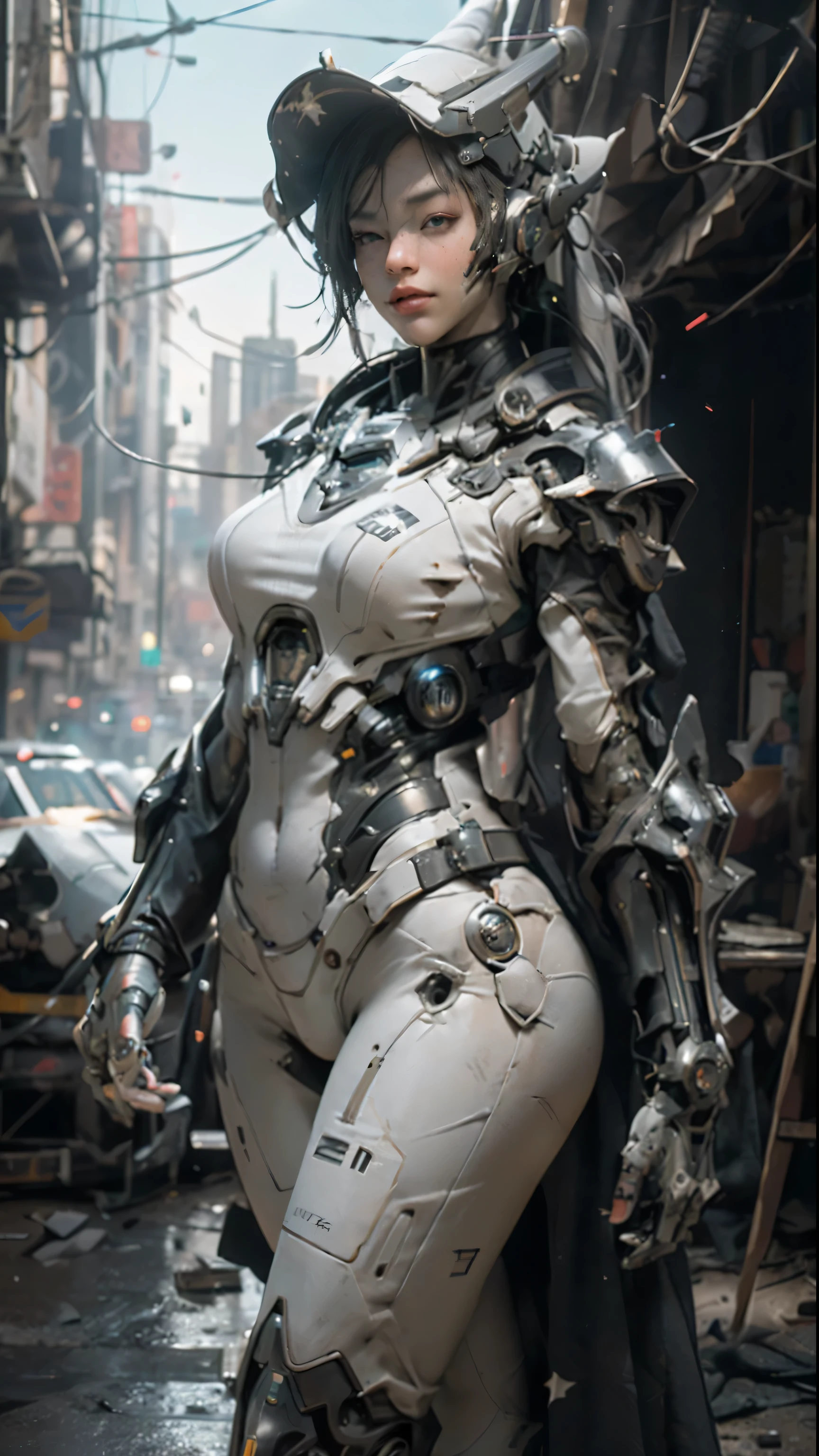 ((best quality)), ((masterpiece)), ((realistic)), (detailed), (photorealistic:1.5), a futuristic girl, (thick body), (white bodysuit), lights on armor, cybernetic headwear, looking at viewer, dynamic pose, post apocalyptic, destroyed city background, buildings on fire, science fiction, hdr, ray tracing, nvidia rtx, super-resolution, unreal 5, subsurface scattering, pbr texturing, post-processing, anisotropic filtering, depth of field, maximum clarity and sharpness, rule of thirds, 8k raw, (luminescent particles:1.4), (extremely detailed cg, unity 8k wallpaper, 3d, cinematic lighting, lens flare), reflections, sharp focus, cyberpunk art, cyberpunk architecture,