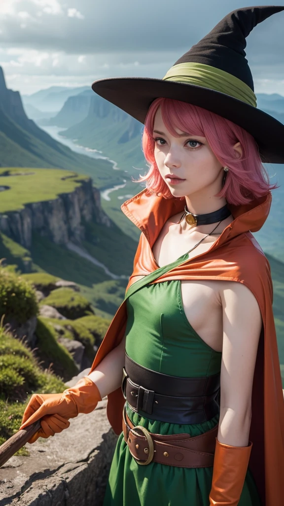(masterpiece, highest quality:1.1), magician (dq3), (solo),One girl, alone, short hair, Pink Hair, Red eyes, witch hat, gloves, dress, Medium chest, Green costume, (belt), boots, Orange Cape, staff, Black socks, witch, ((upper body shot)), Fantasy Scenery, Otherworldly landscapes,