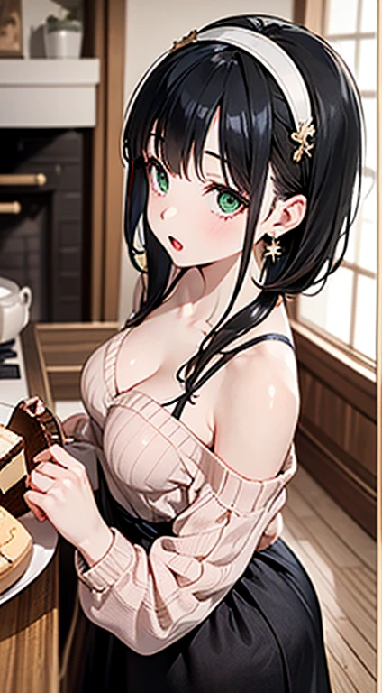 (small breasts:1.3), (perky chest:1.1), (pointed chest:1.0), (Pudding cake magazine cover:1.3),(from above:1.0),(from side:0.9),masterpiece, 1girl, Amazing Cleavage:1.1, thin waist, big ass, Raised , small breast: 1.3, posed cleavage:1.2、solo, looking at viewer, open mouth, have a cute grass of cute beergrass,black hair, dark green eyes, dress, bare shoulders, jewelry, collarbone, sidelocks, hairband, earrings, indoors, off shoulder, :o, sweater, arms behind back, plant, short hair with long locks, gild hairband, off-shoulder dress, sweater dress, off-shoulder sweater, red sweater, dark gord hair, big side hair, very long side hair,is rendered in (masterpiece: 1.2, best quality), with (ultra high resolution) and an exquisite (depth of field). This masterpiece is not only visually stunning but also tells,A scene of cooking in the kitchen by classroom
