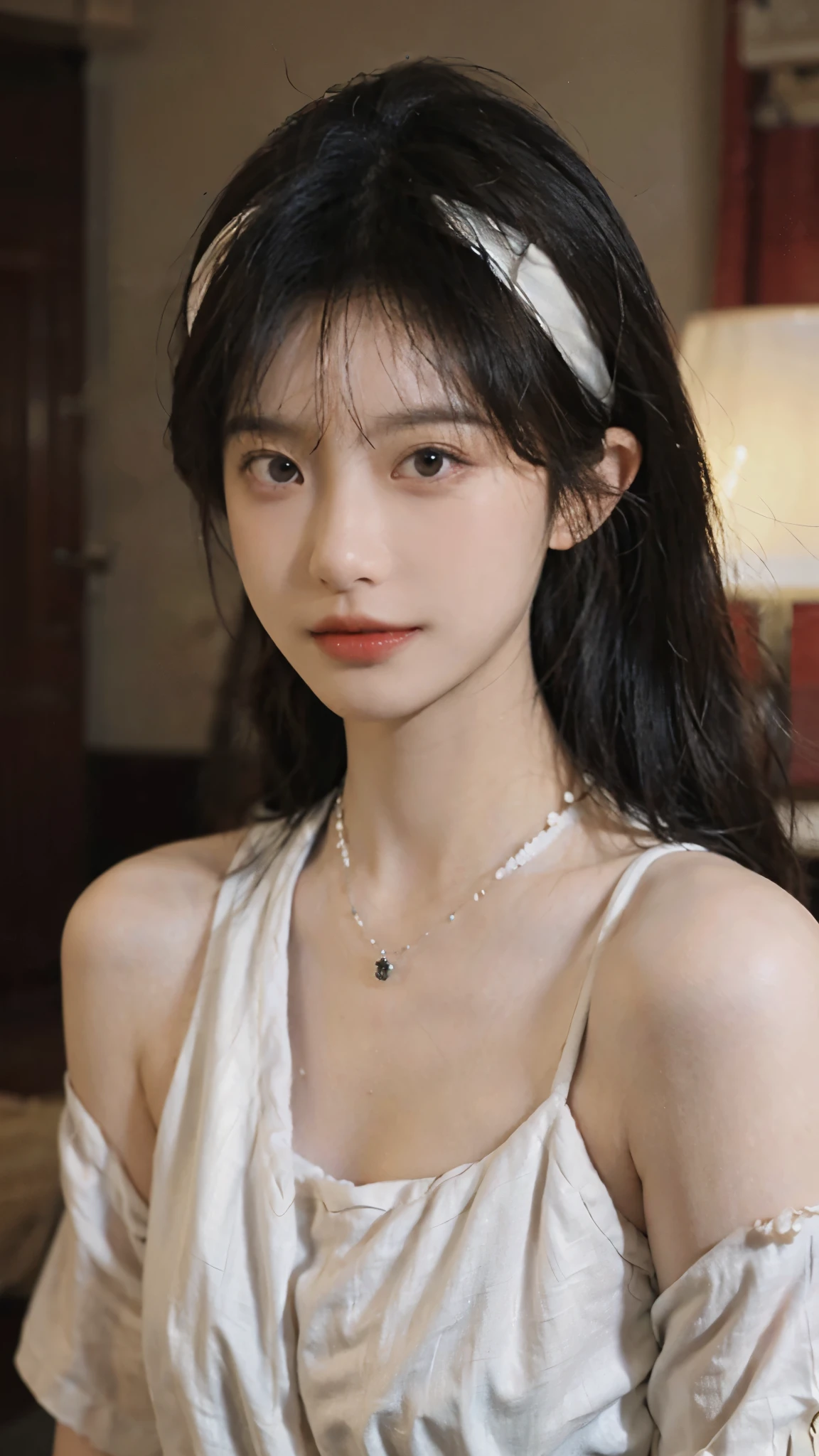 Film portrait photography, 1 girl, bare shoulders,lipstick，（flat chest：1.4）， Shoulder length wavy hair, wear necklace，headband，earrings，short sleeves，serene, calm, (Realistic and detailed eyes, natural skin texture, Realistic facial details), Soft dramatic lighting, depth of field, Bokeh, Vibrant details, Detailed and detailed, surreal, 35mm film, hazy, ,