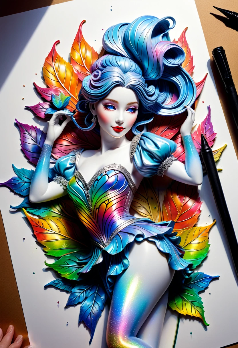 Dessin d'une sublime figurine 4D de style encre uhd époustouflante et à couper le souffle ((which draws itself)), effet holographique volumique qui semble sortir de la feuille de dessin, extremely detailed drawing, hyperRéaliste, sublime details. Truly remarkable work, joyful and sensual work, taille fine et sublime poitrine effet push-up, couleurs subtiles flamboyantes